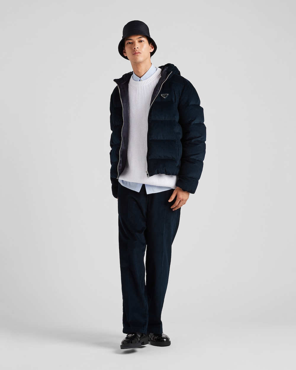 Blue Cropped corduroy down jacket | Prada