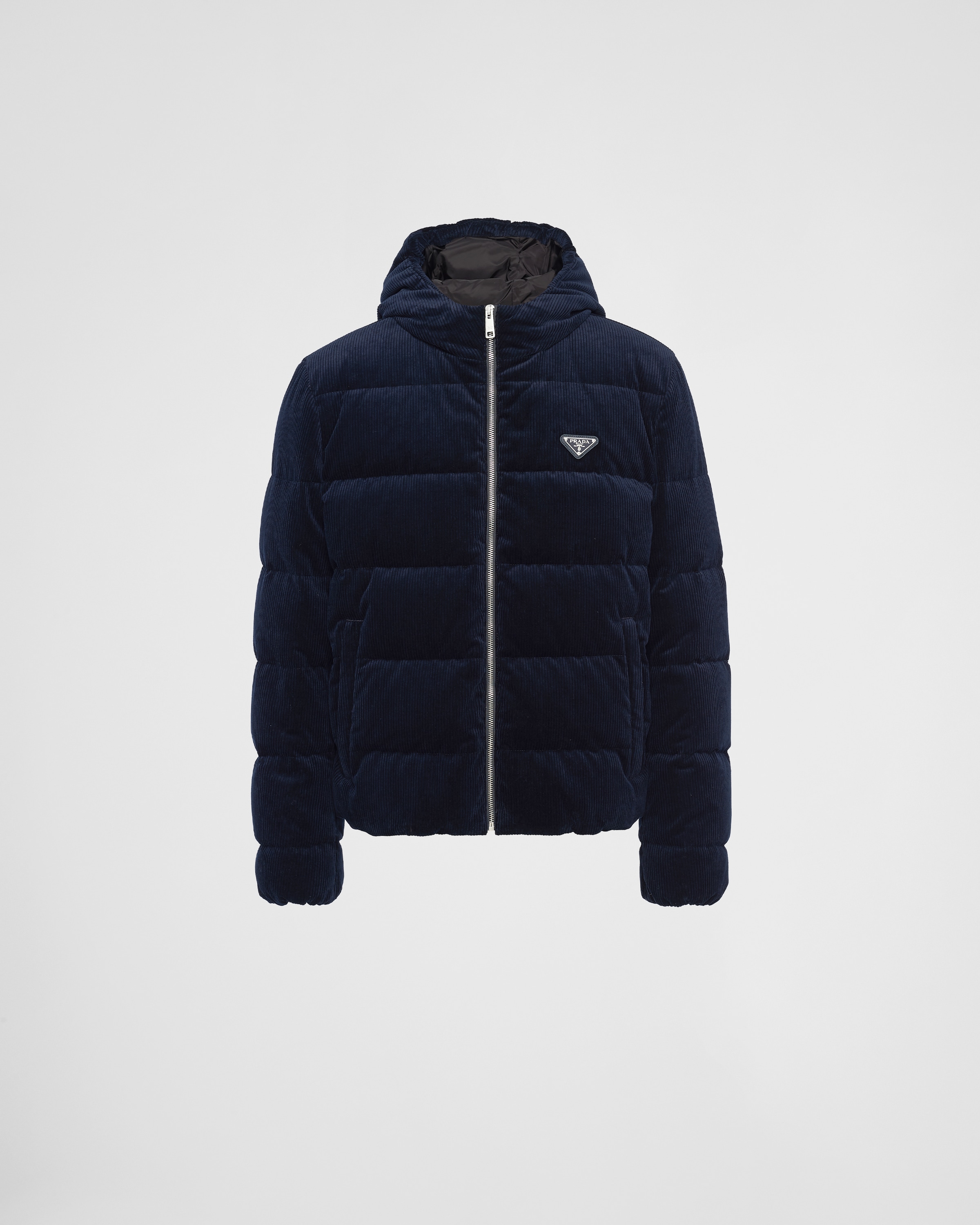 Prada Cropped Corduroy Down Jacket In Blue