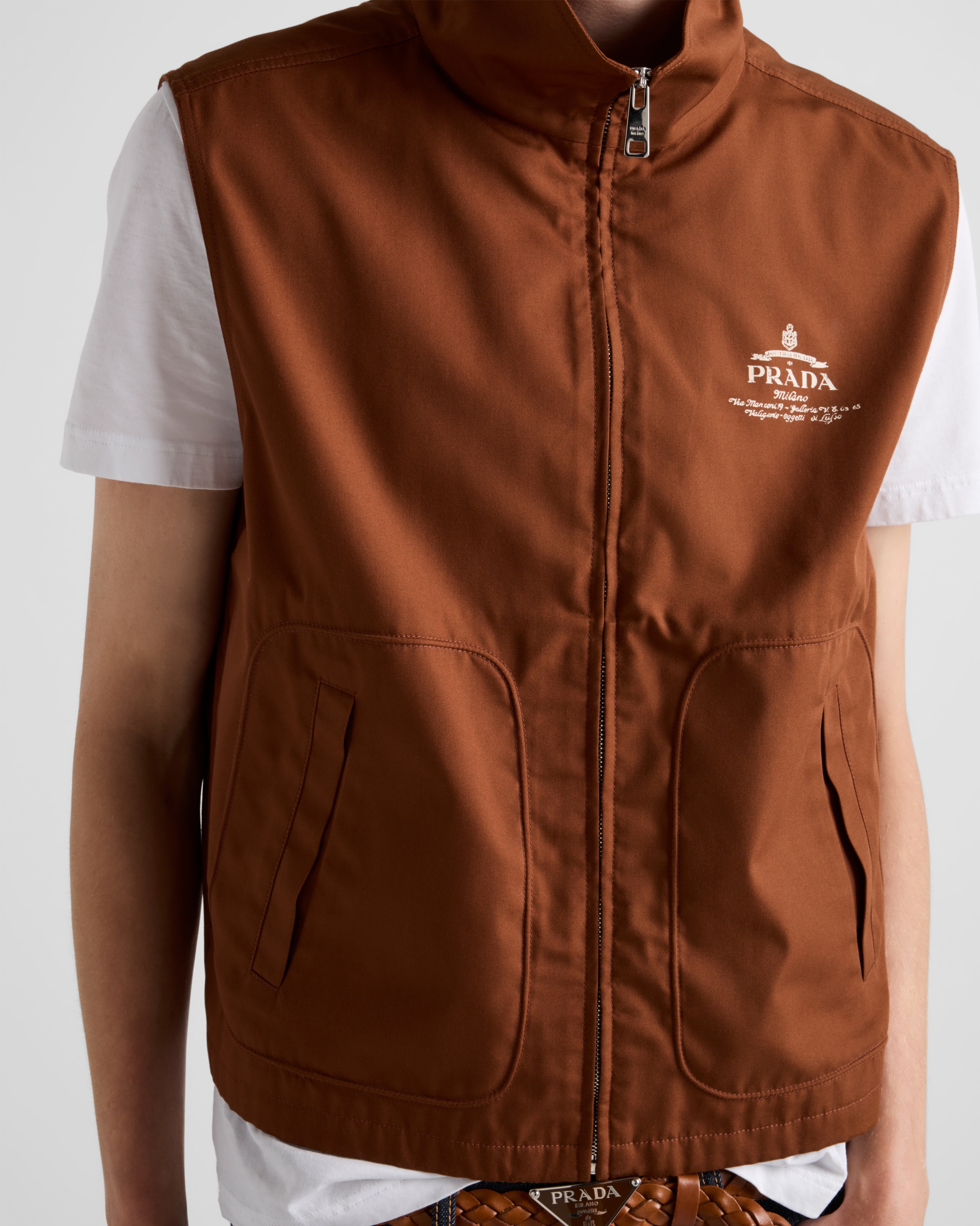 Prada Logo-print Zip-up Vest In Tabak