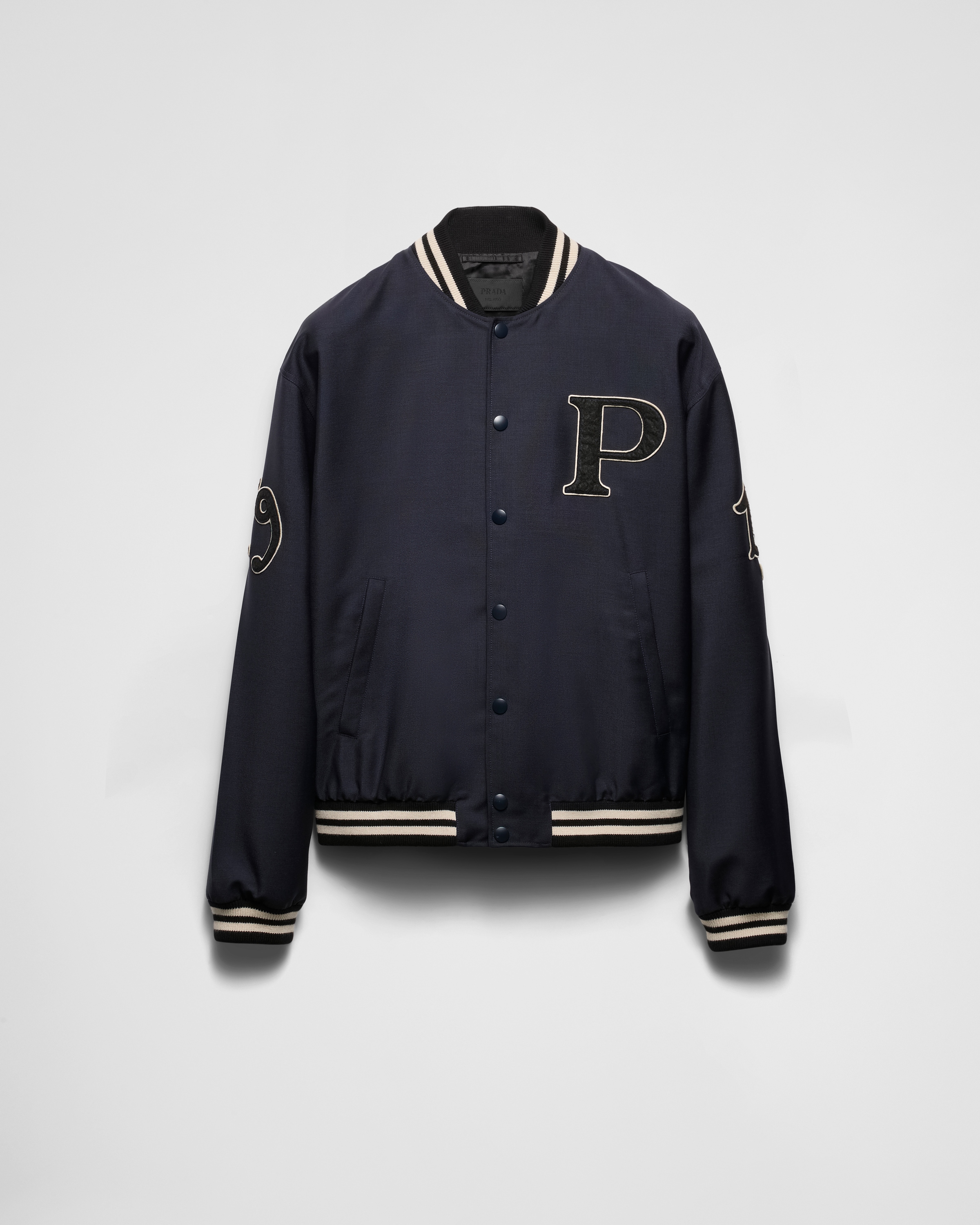 Navy Mohair Wool Bomber Jacket With Patch PRADA