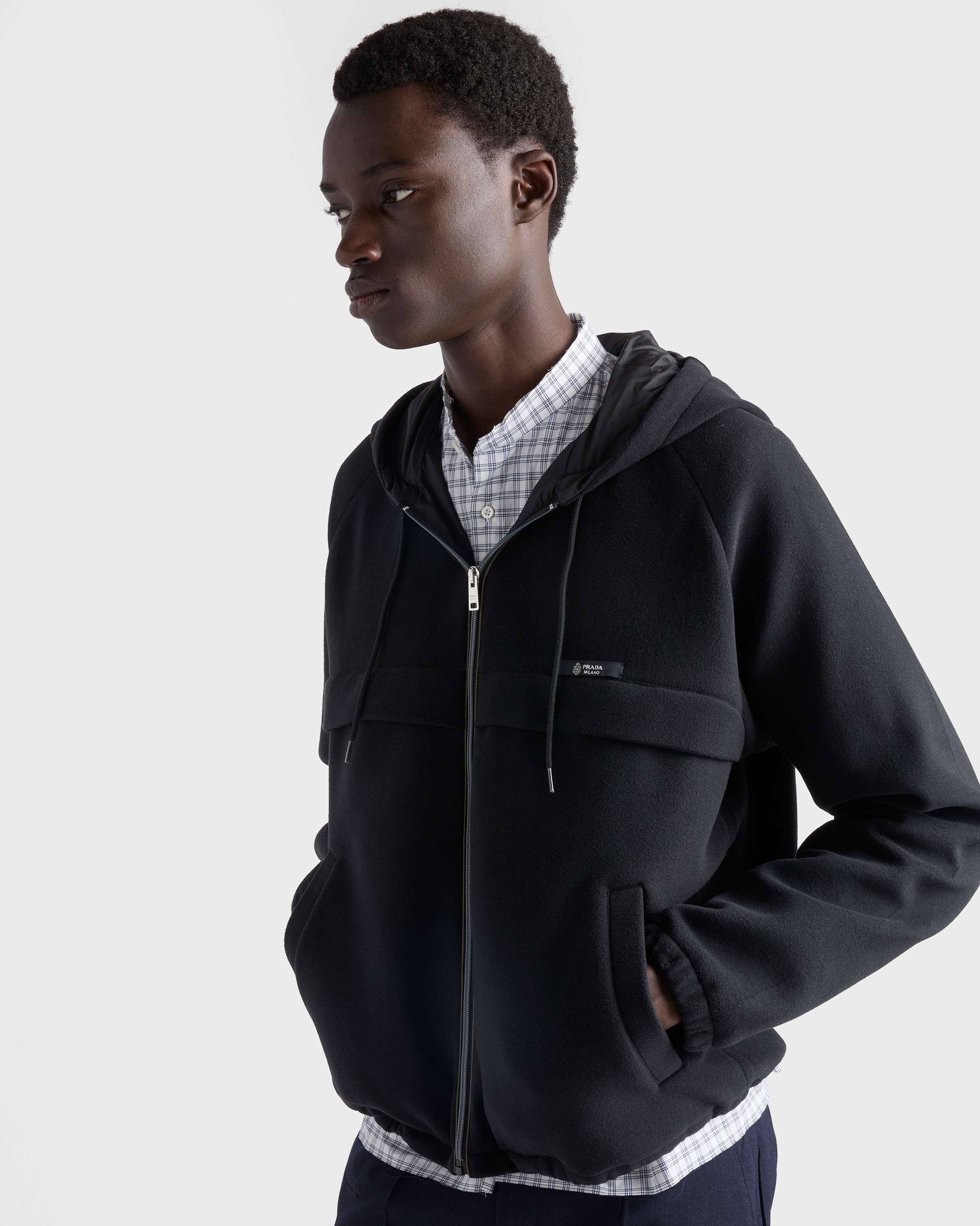 Black Hooded technical fabric blouson jacket | PRADA