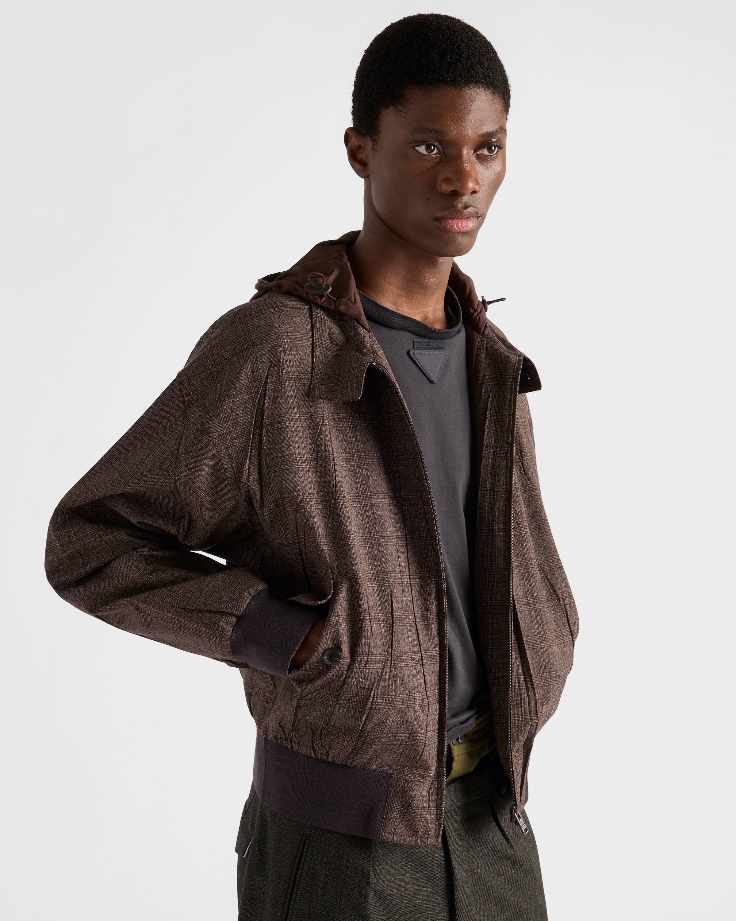 タバコブラウン フード付 ウール ジャケット | PRADA