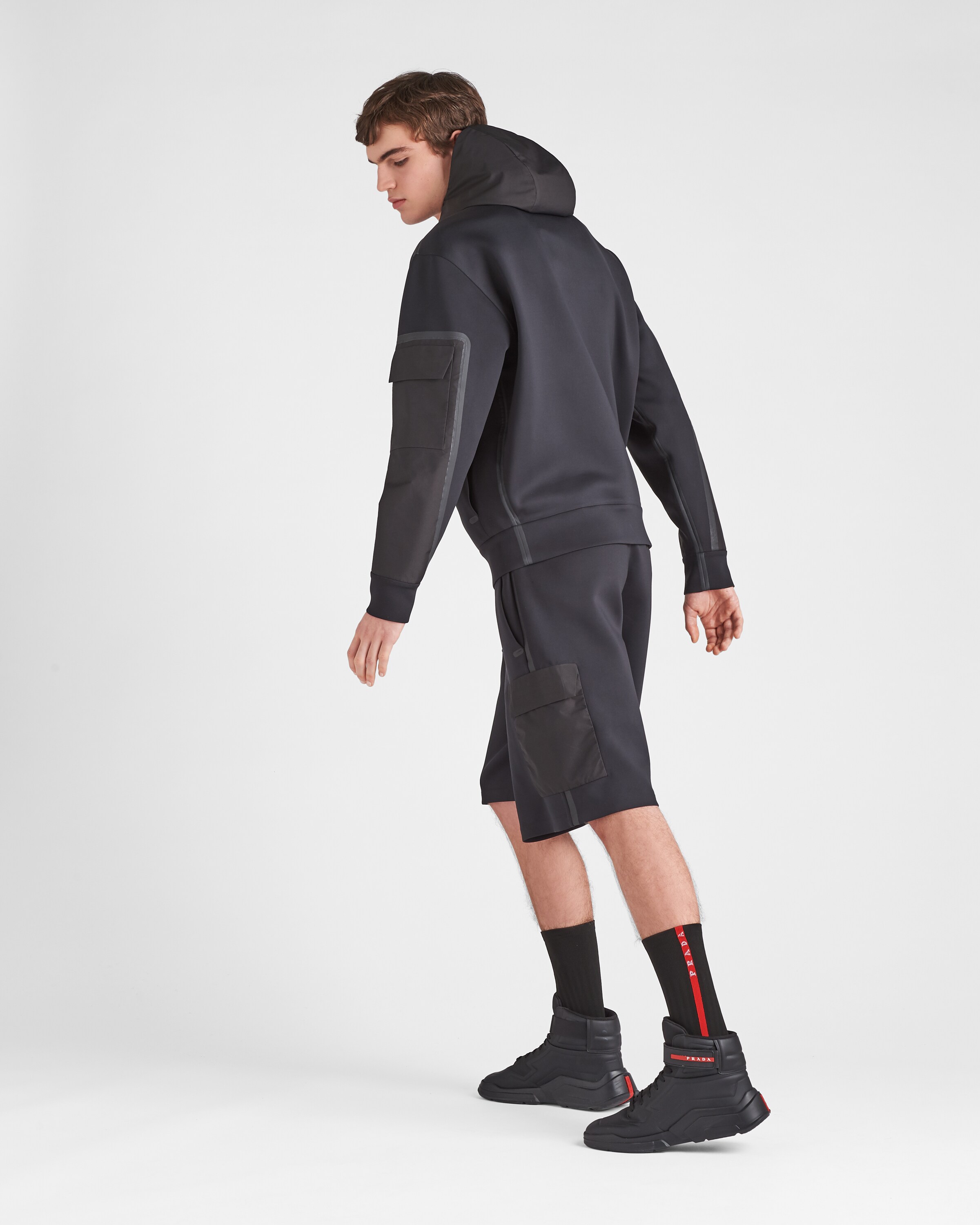 Black Recycled technical jersey hoodie | PRADA Black Recycled technical jersey hoodie | PRADA