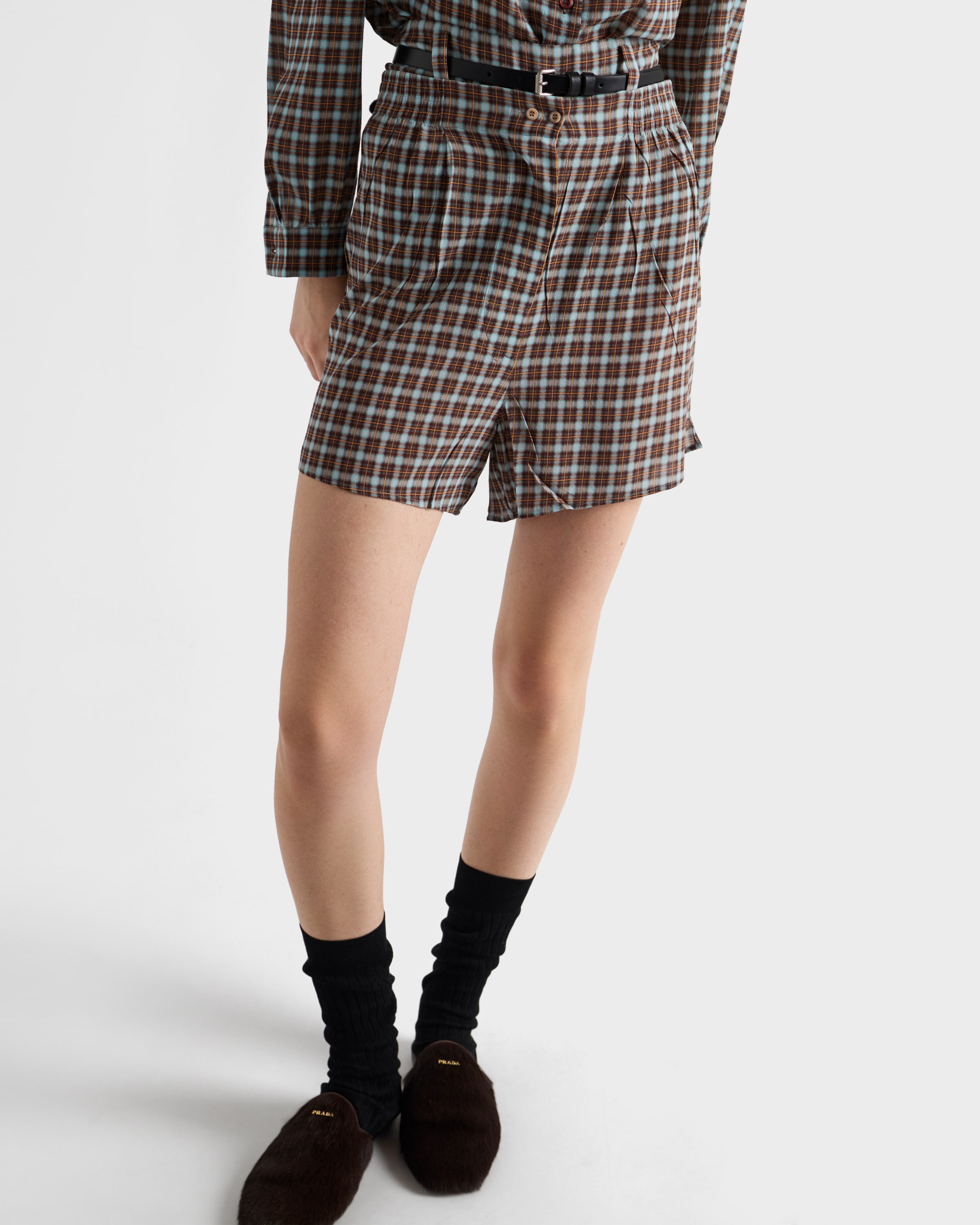 Prada Checked Georgette Shorts In Black