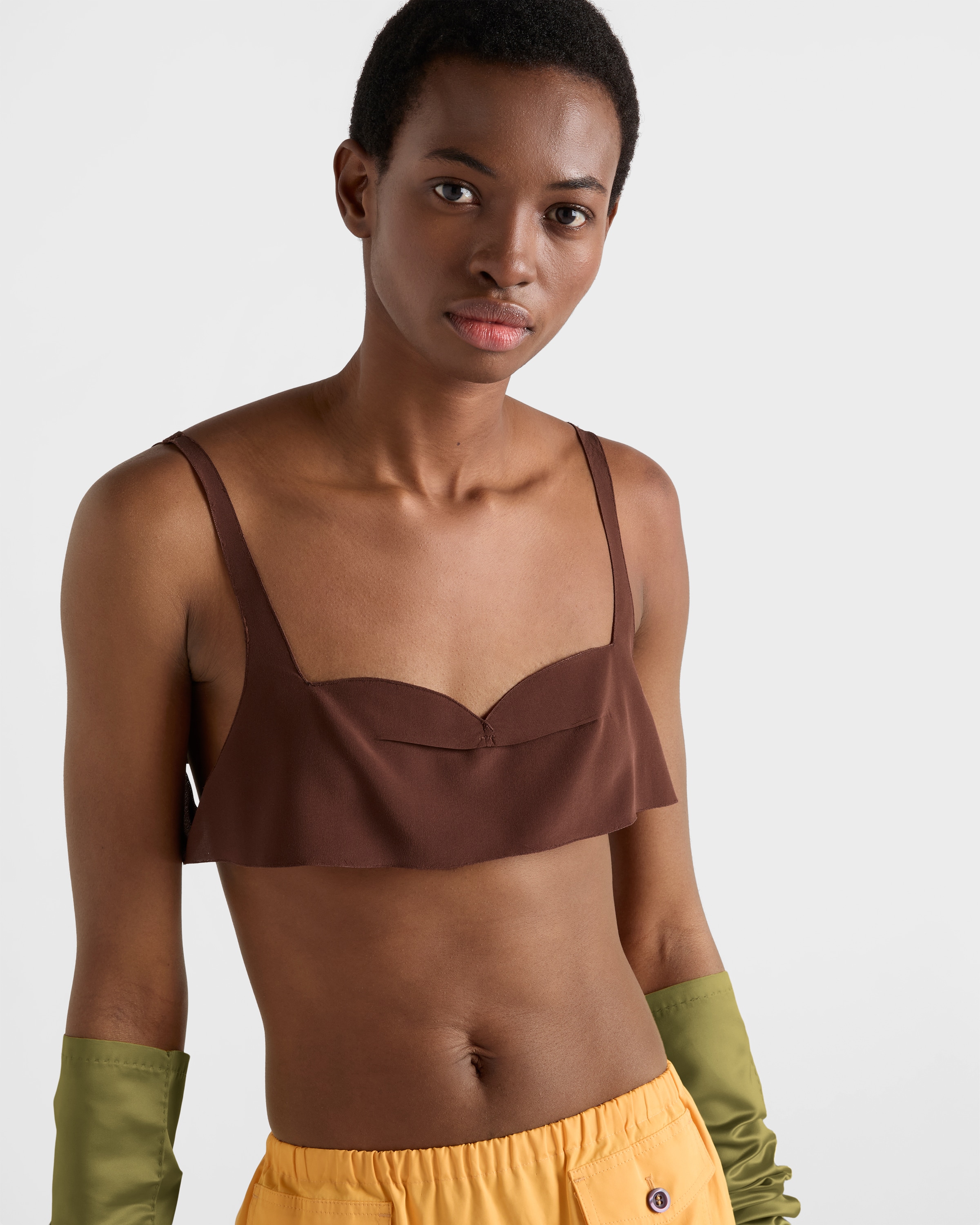 Cocoa Brown Crepe de chine top | PRADA - Turkey