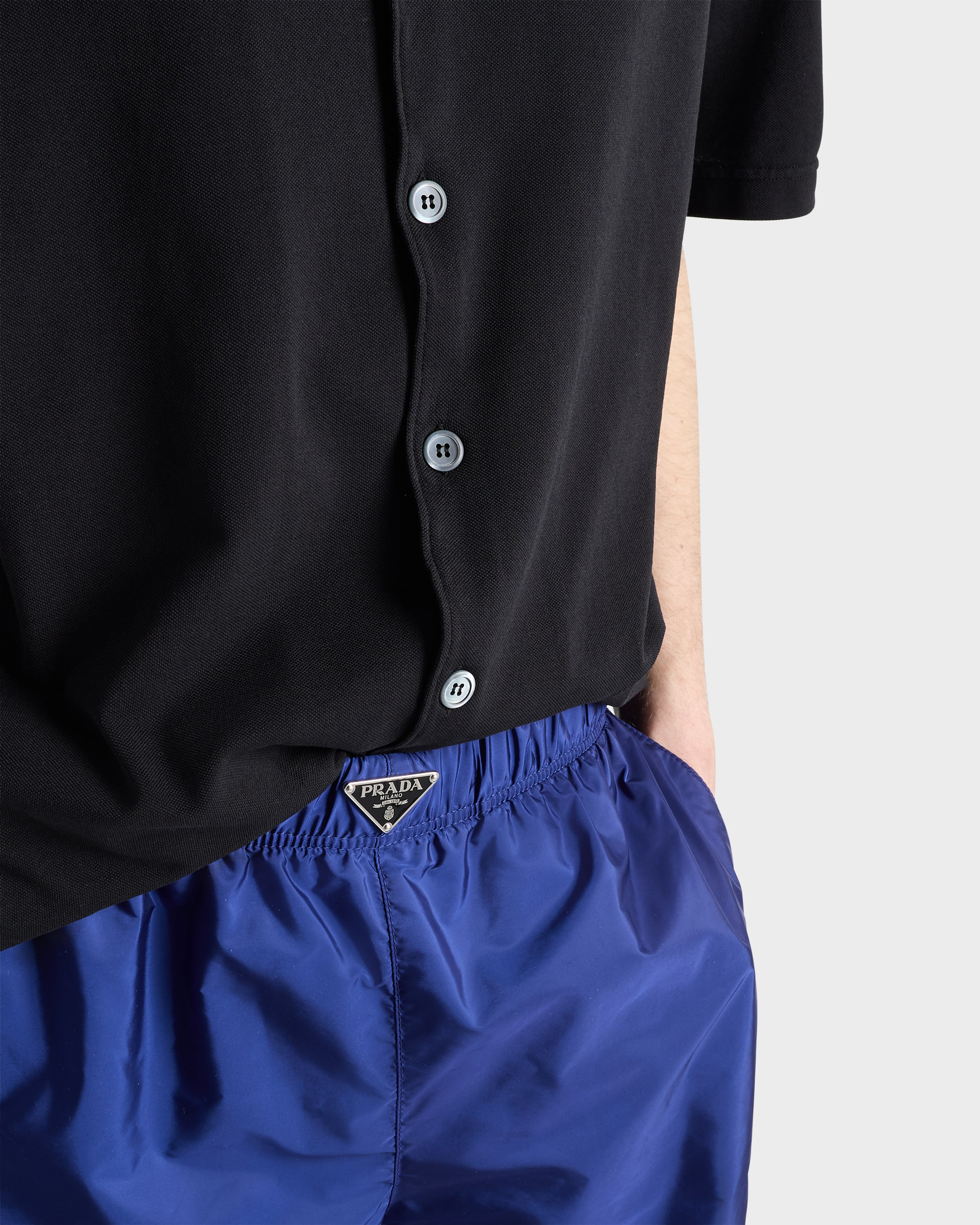 Prada Nylon Swim Shorts With Back Pocket And Elastic Waistband In Blue