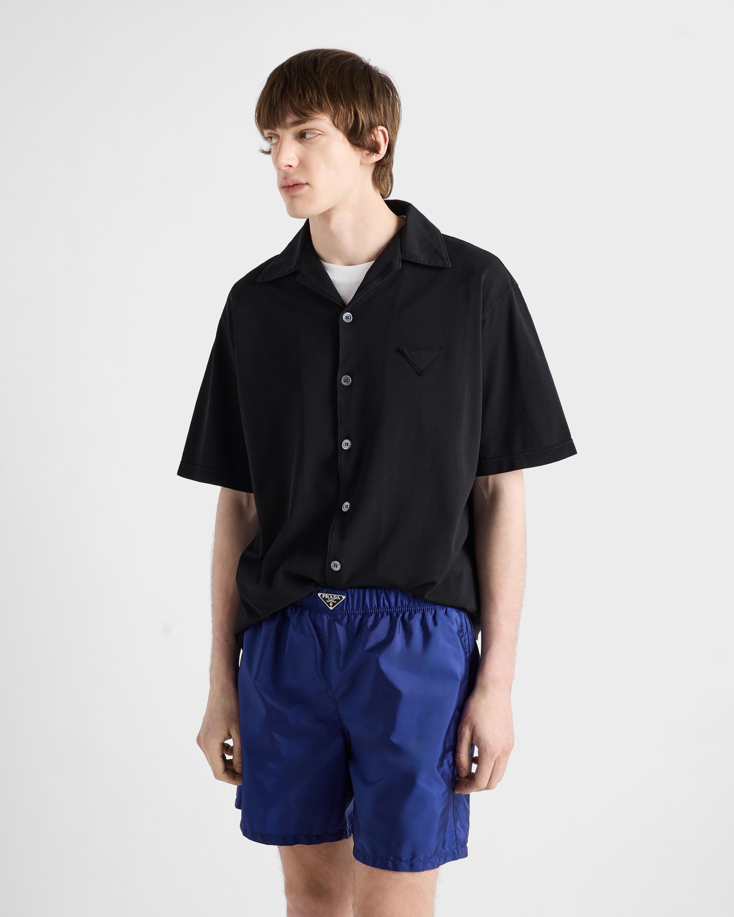 Prada Nylon Swim Shorts With Back Pocket And Elastic Waistband In Blue