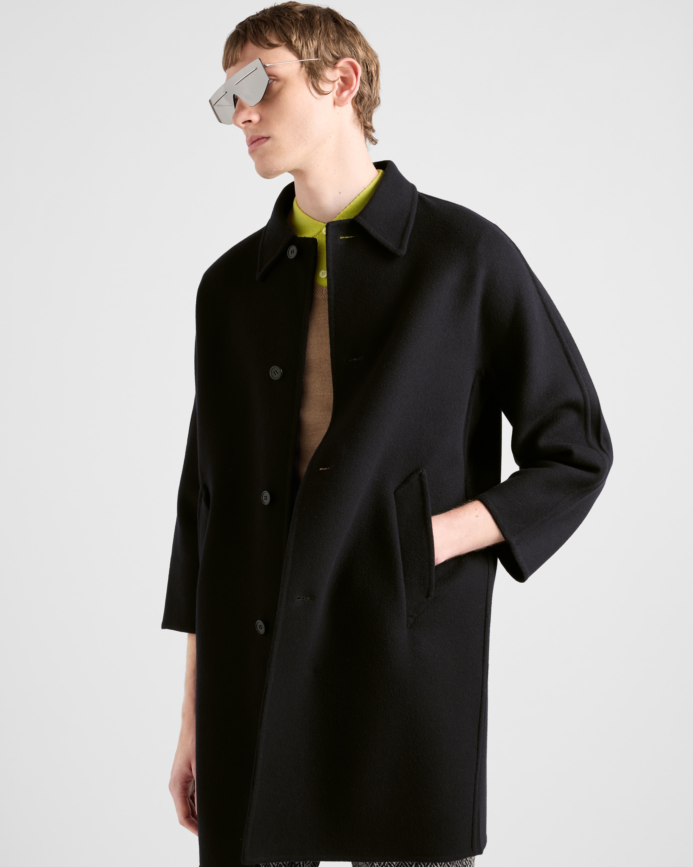 ブラック シングルブレスト ウールブレンド コート | PRADA
