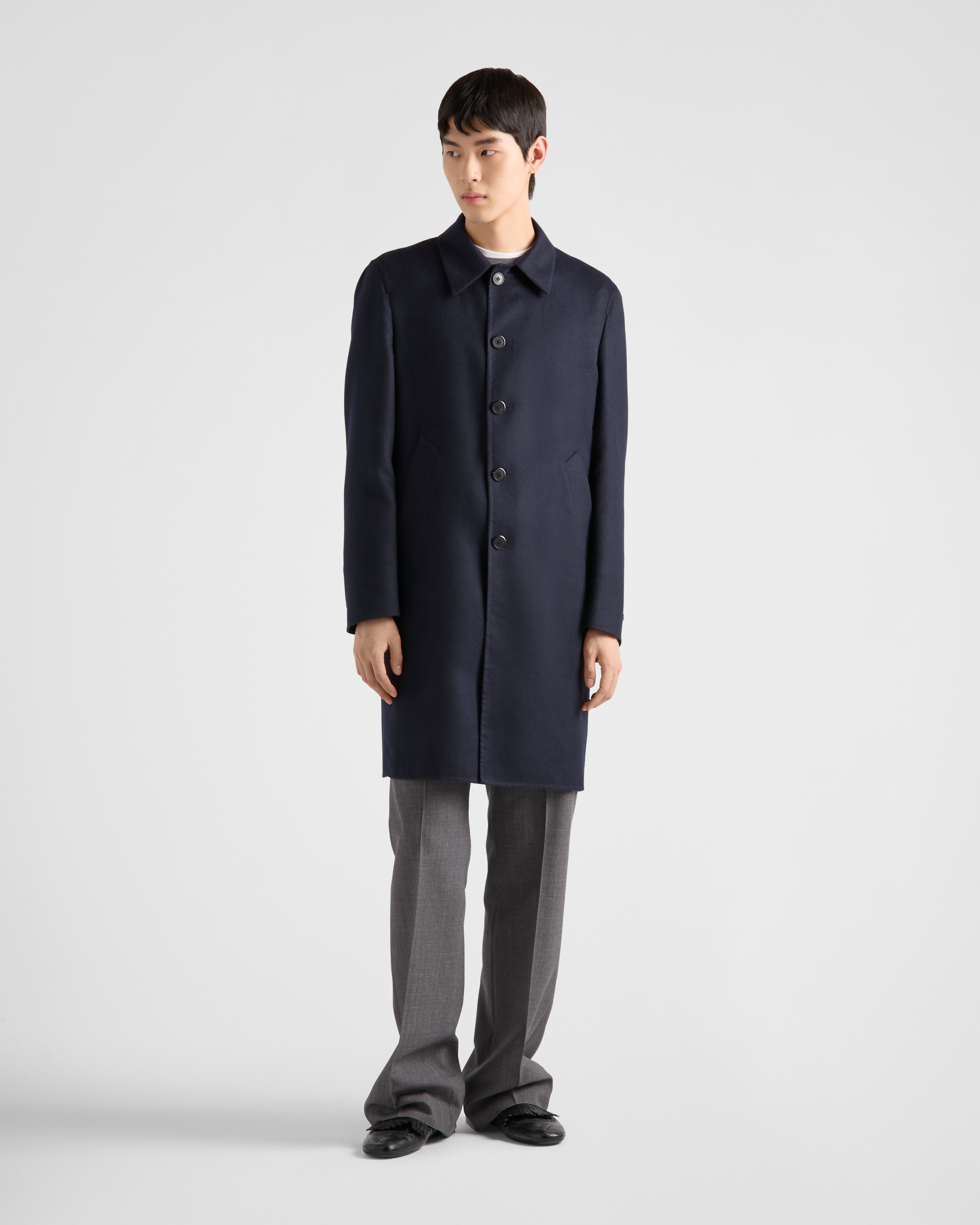 Navy Single-breasted cashmere and silk coat | PRADA