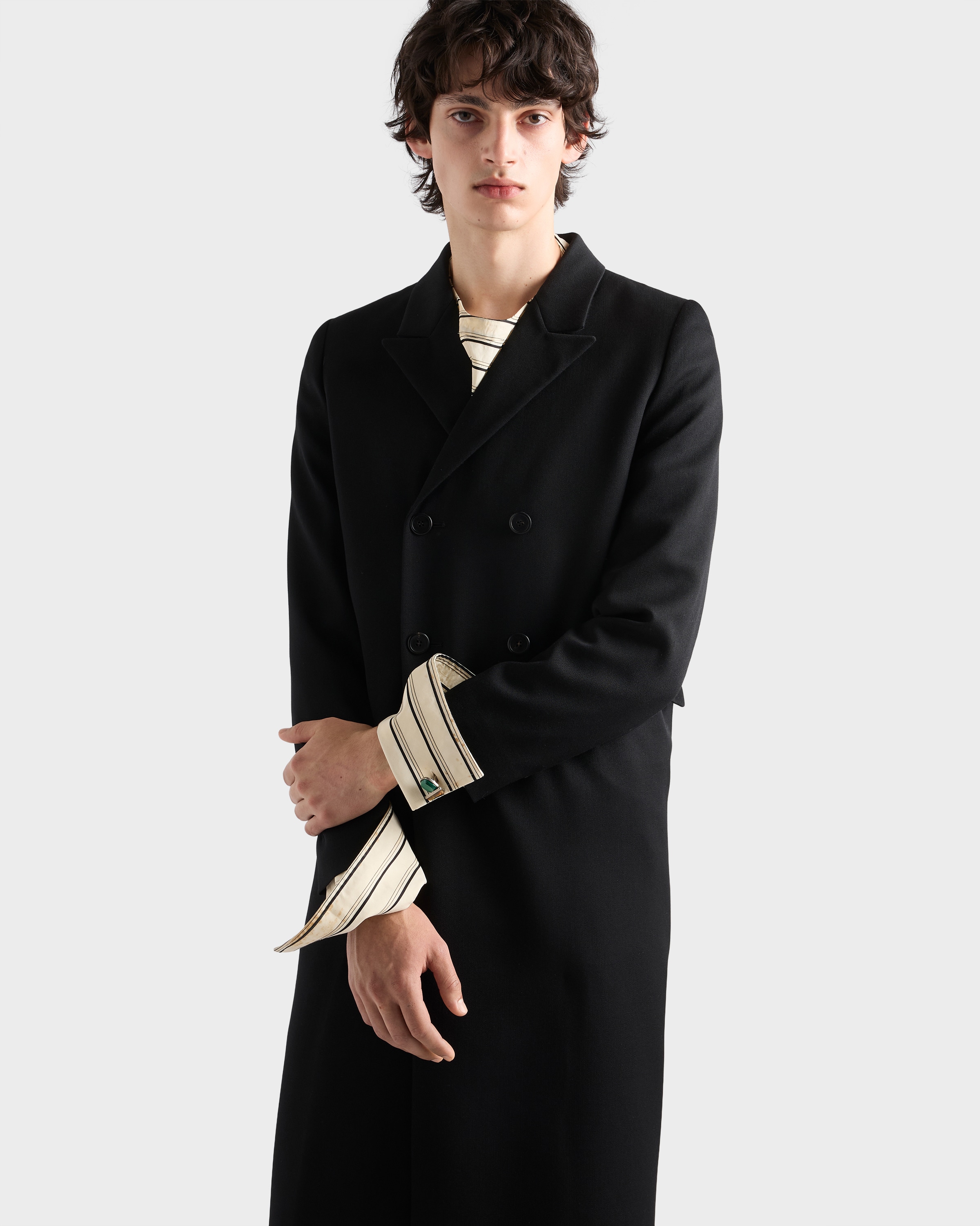 ブラック ダブルブレスト ウール コート | PRADA - 日本