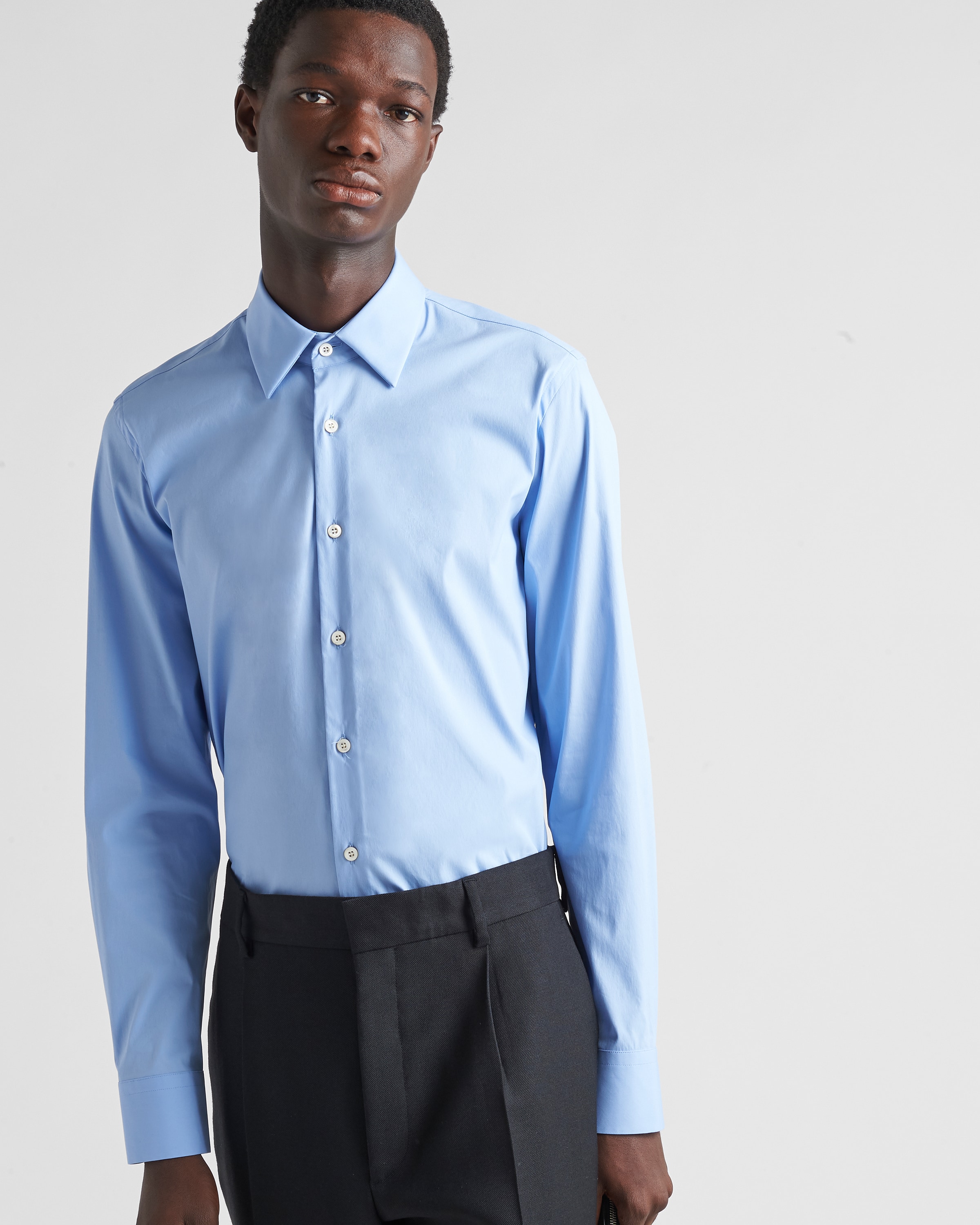 Prada Button-down Collar Poplin Shirt With Cuffed Sleeves In Sky Blue