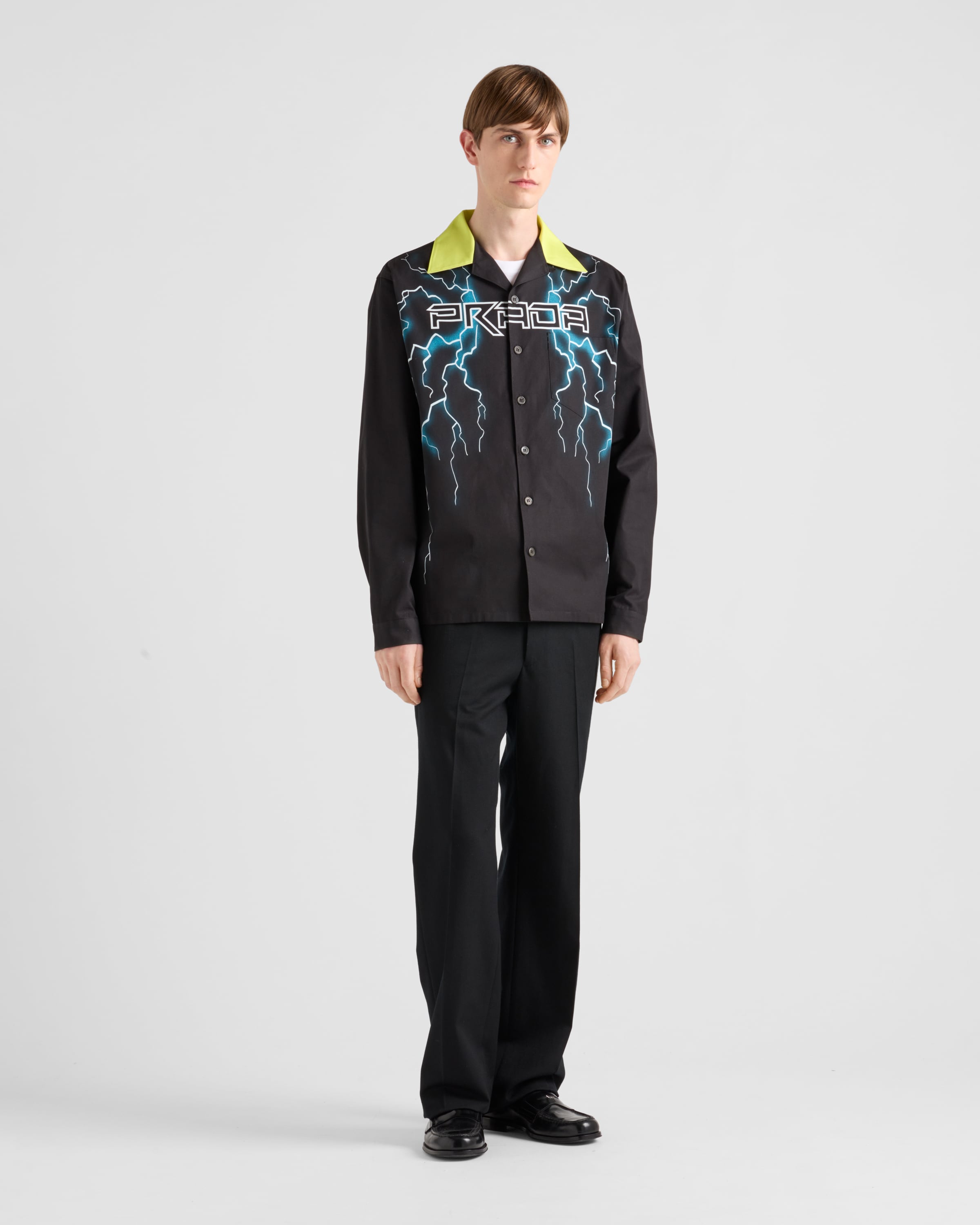 Prada Timecapsule Printed Cotton Shirt In Black/yellow