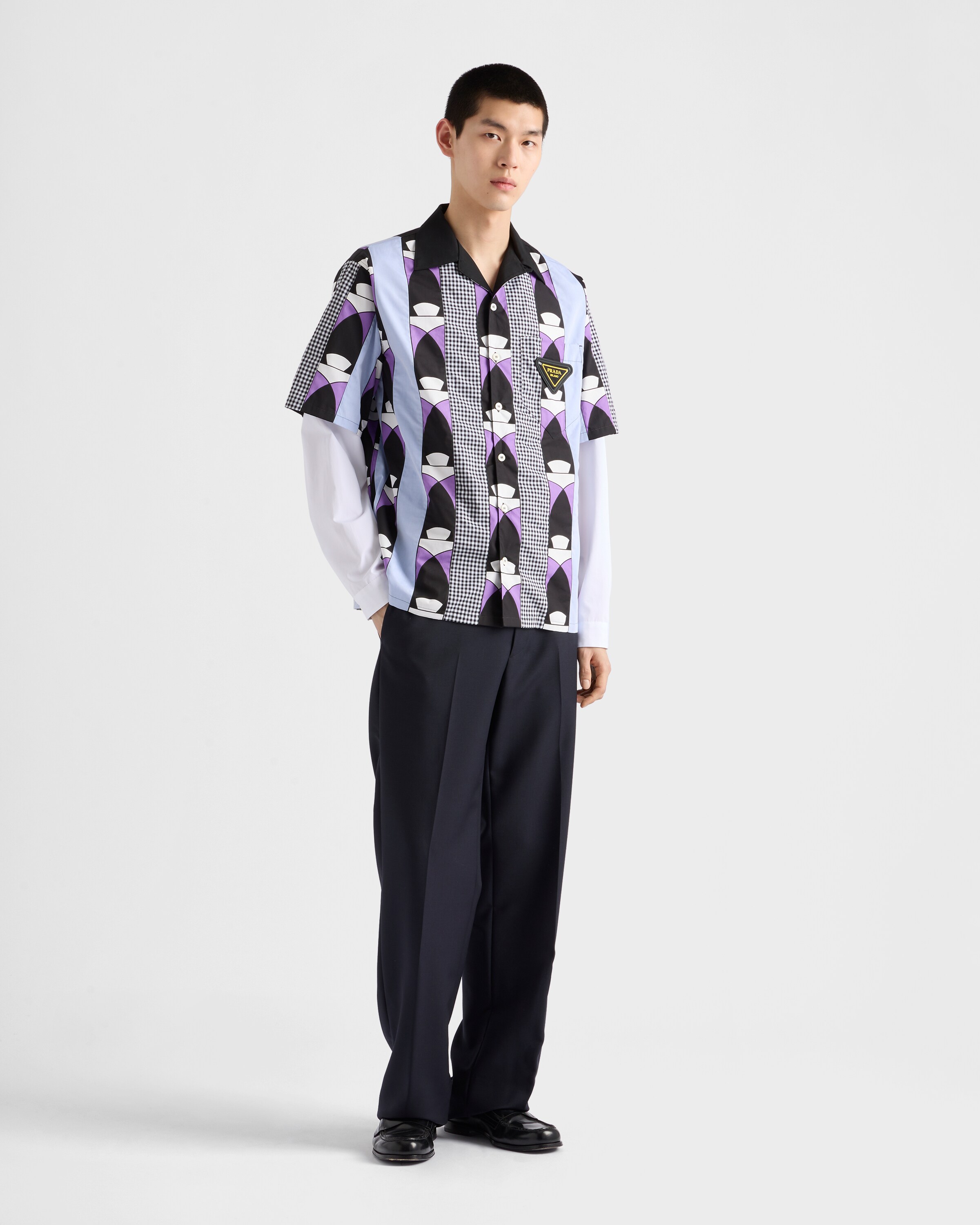 Tシャツ・カットソー PRADA SS25 BOWLING SHIRT (SC803SOOO 16A6 F0002) Light Blue/cyclamen Timecapsule Printed Cotton Shirt | PRADA