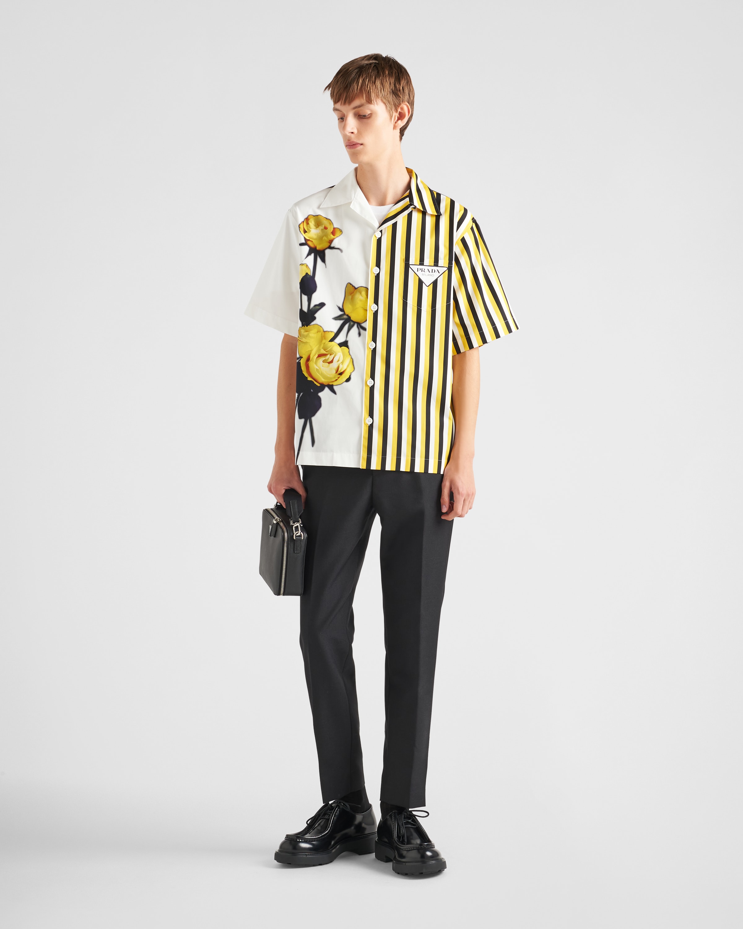 Shop Prada Double Match Cotton Shirt In White/yellow