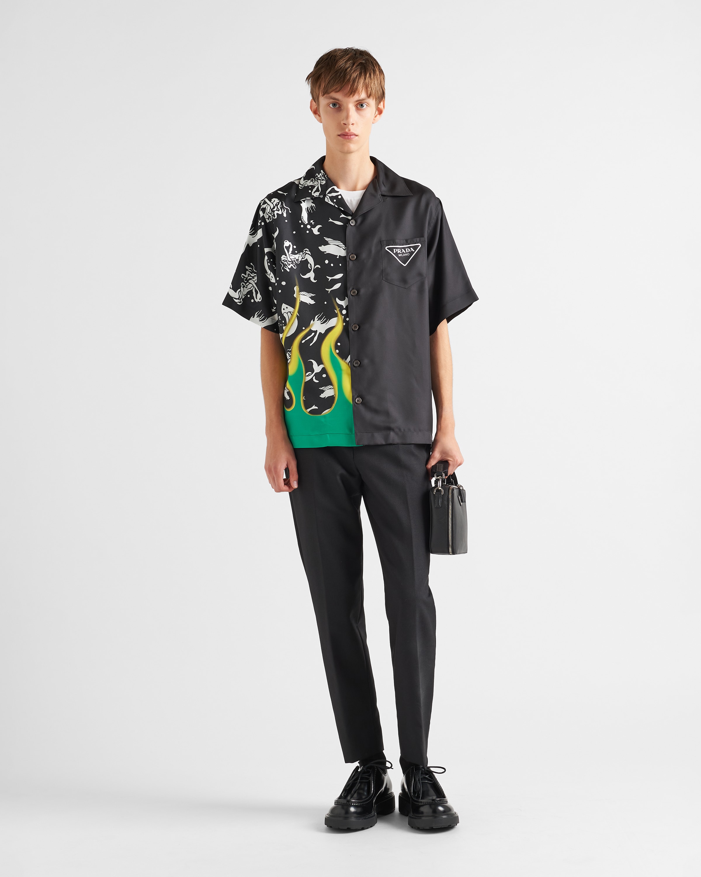 Black Double Match silk twill shirt | PRADA - United States