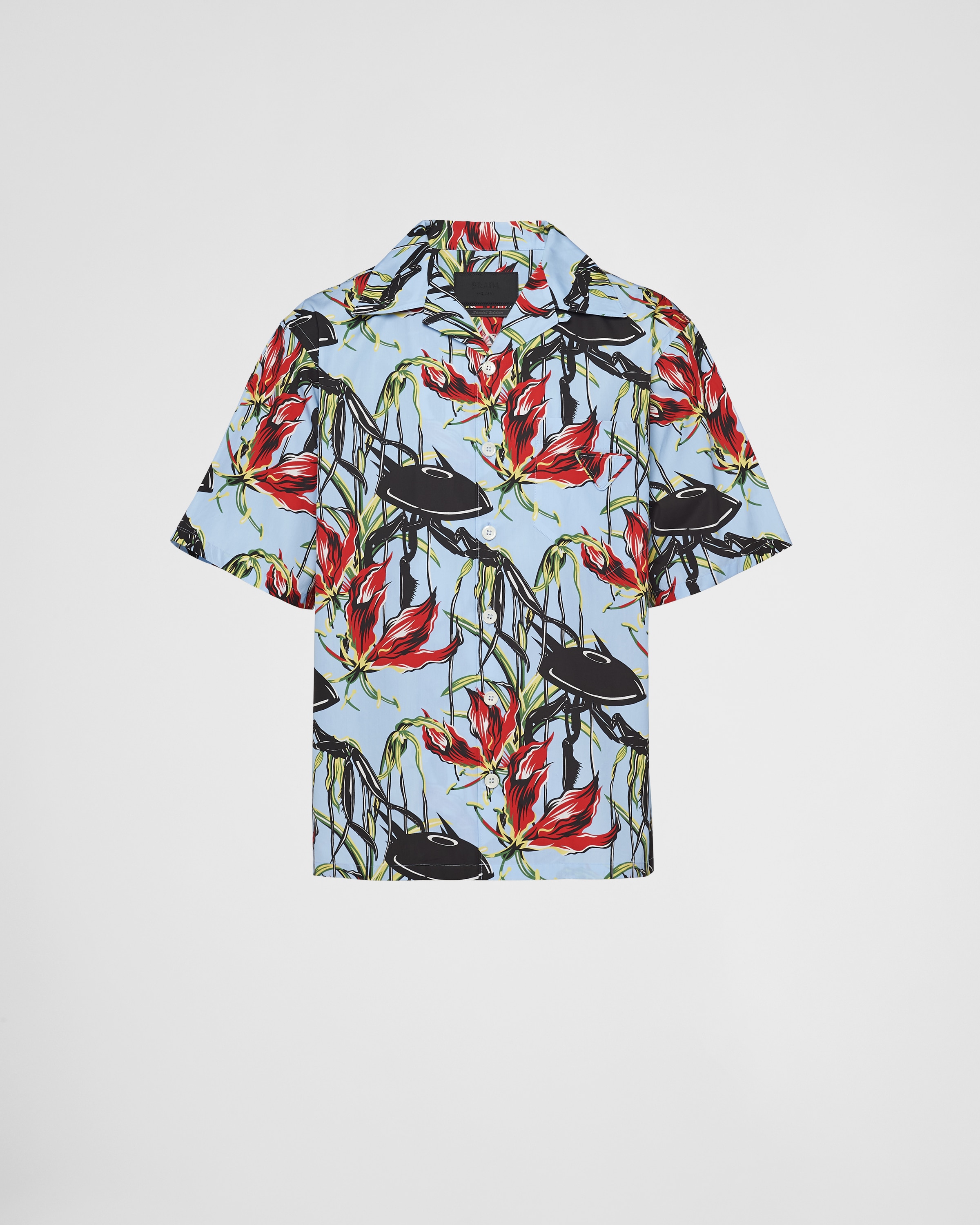 Prada Short-sleeved Cotton Shirt In Sky Blue/red