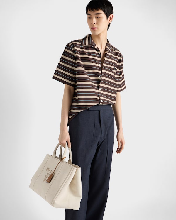 Striped cotton and silk bowling shirt - Dark Brown Striped cotton and silk bowling shirt - Dark Brown