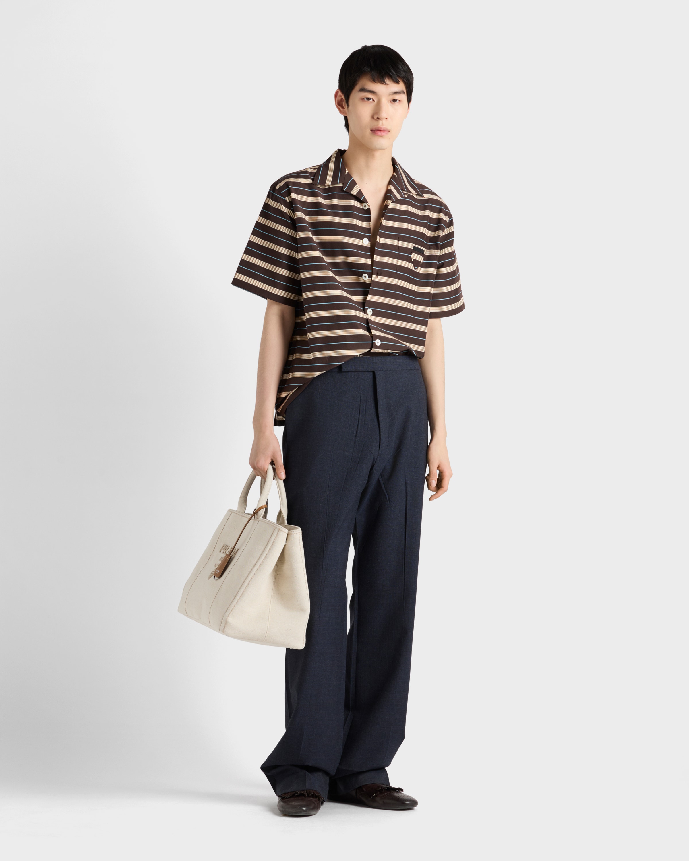 【PRADA】ストライプ コットン ボウリング シャツ ダークブラウン ストライプ コットン ボウリングシャツ | PRADA
