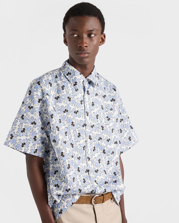 プリントコットンブレンド ボウリングシャツ - アイボリー/ライトブルー プリントコットンブレンド ボウリングシャツ - アイボリー/ライトブルー