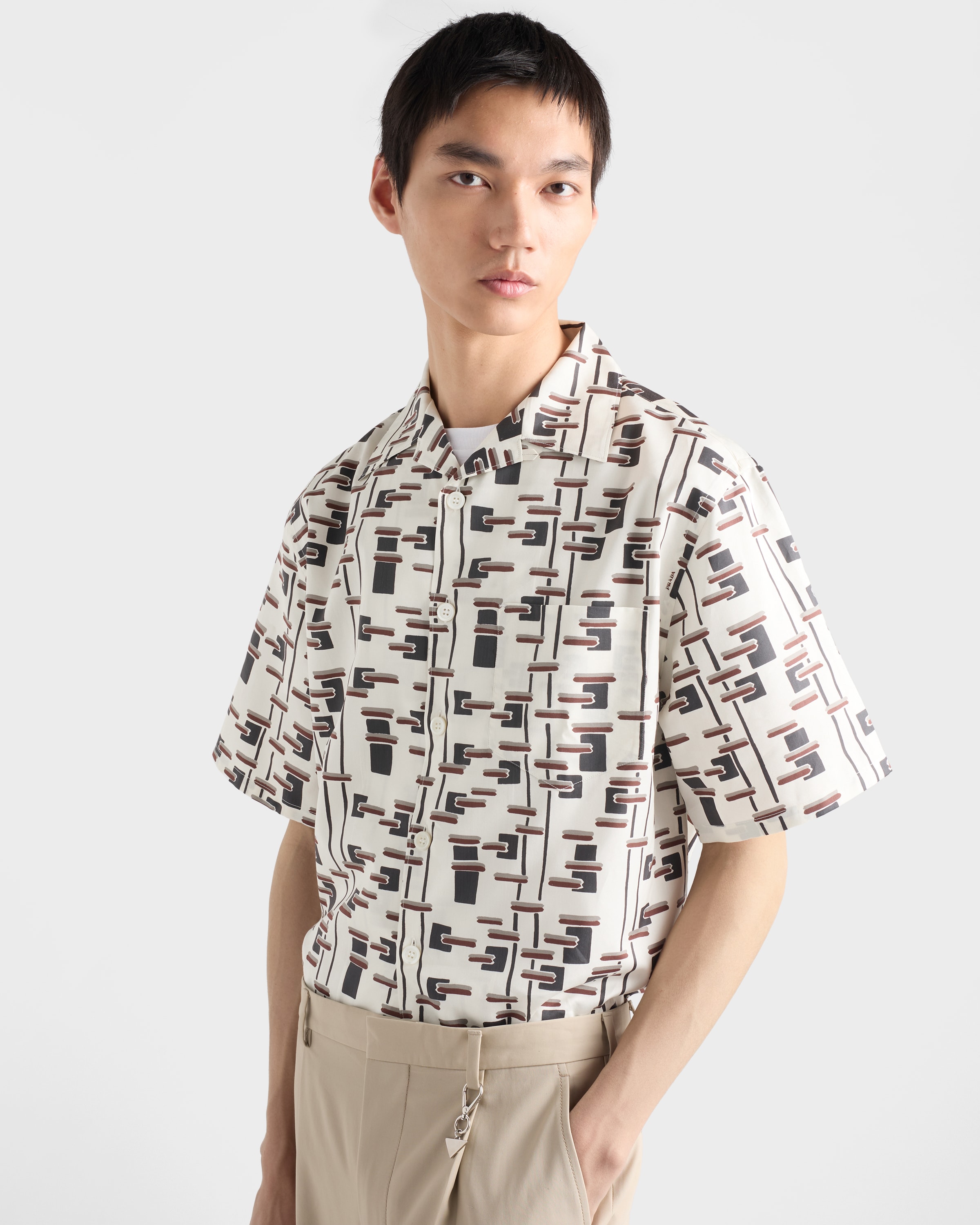 Natural/burgundy Printed Cotton Blend Shirt | PRADA - United States