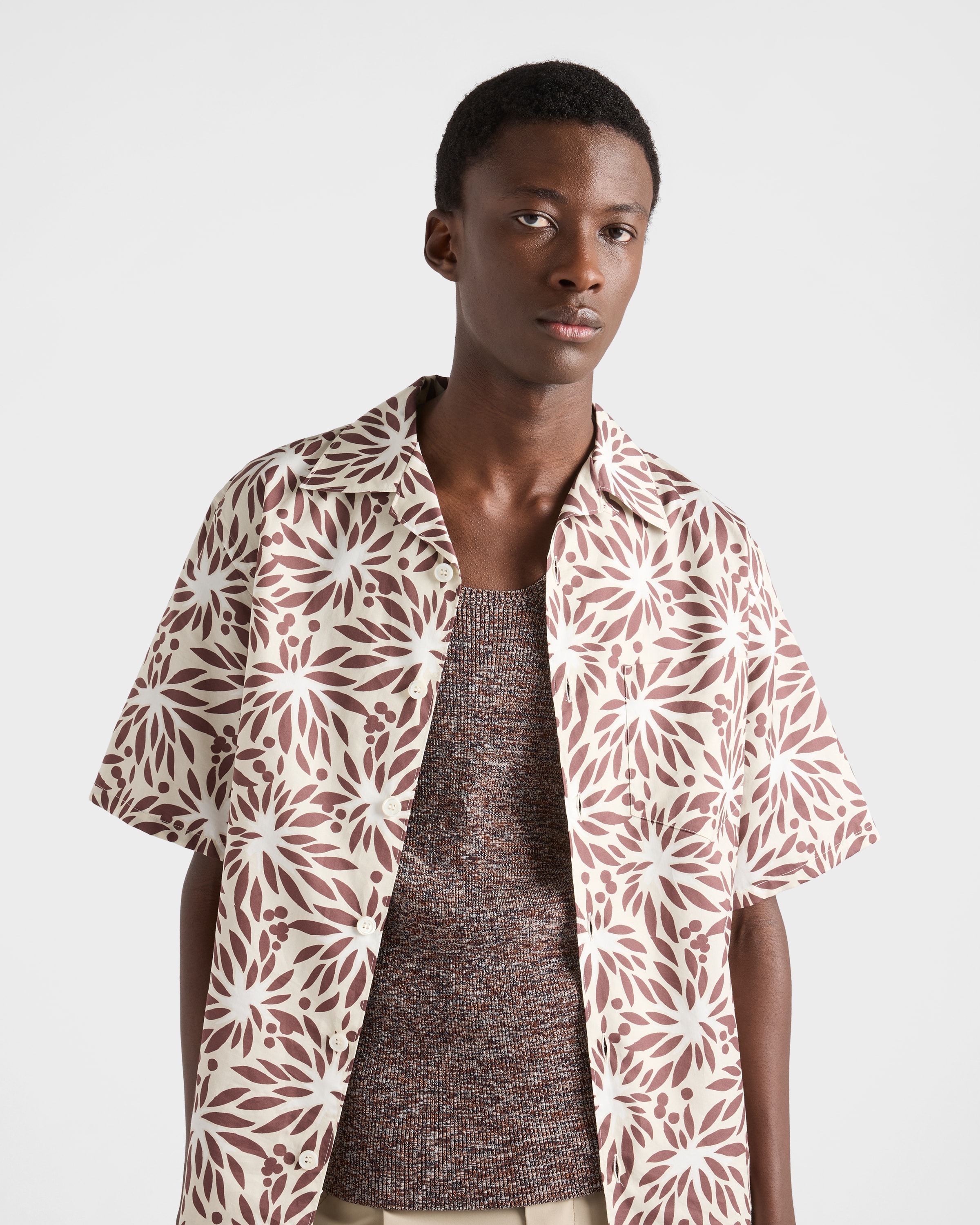 Tan/White Printed cotton bowling shirt | PRADA - United States
