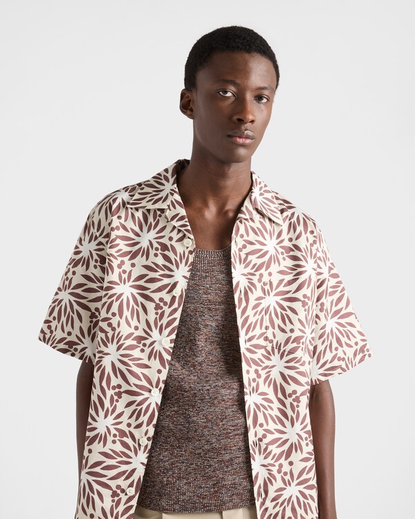 Printed cotton bowling shirt - Tan/White Printed cotton bowling shirt - Tan/White