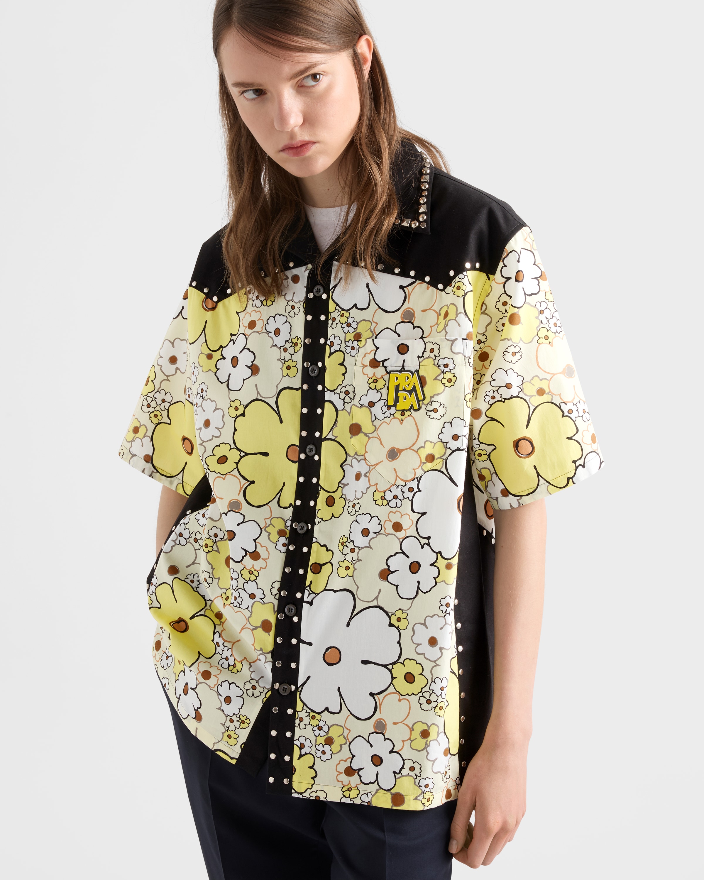 Black Timecapsule printed cotton shirt with studs | PRADA - United
