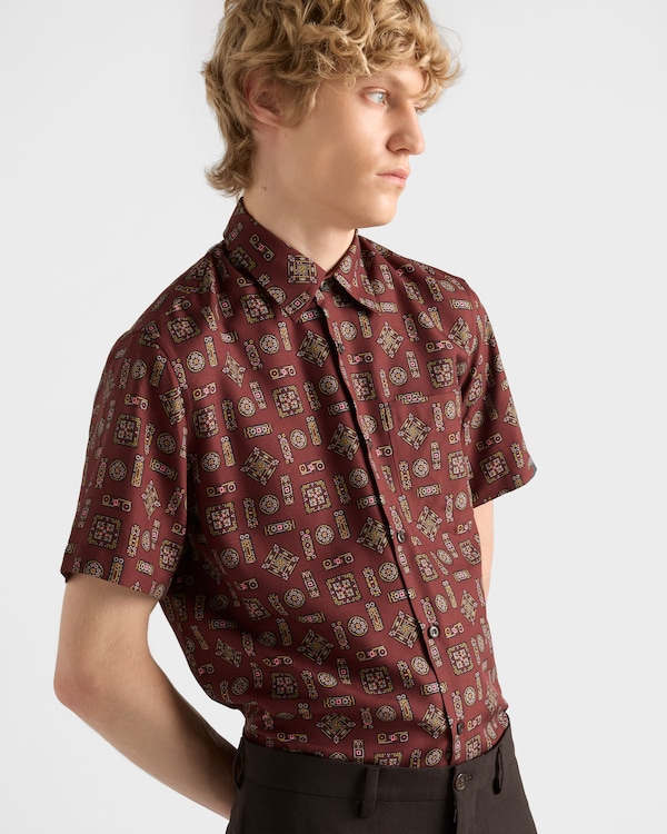 Short-sleeved printed silk shirt - Amaranth Red/Maize Yellow Short-sleeved printed silk shirt - Amaranth Red/Maize Yellow