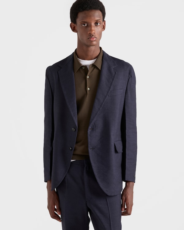 シングルブレスト リネンブレンド ジャケット - ネイビー シングルブレスト リネンブレンド ジャケット - ネイビー