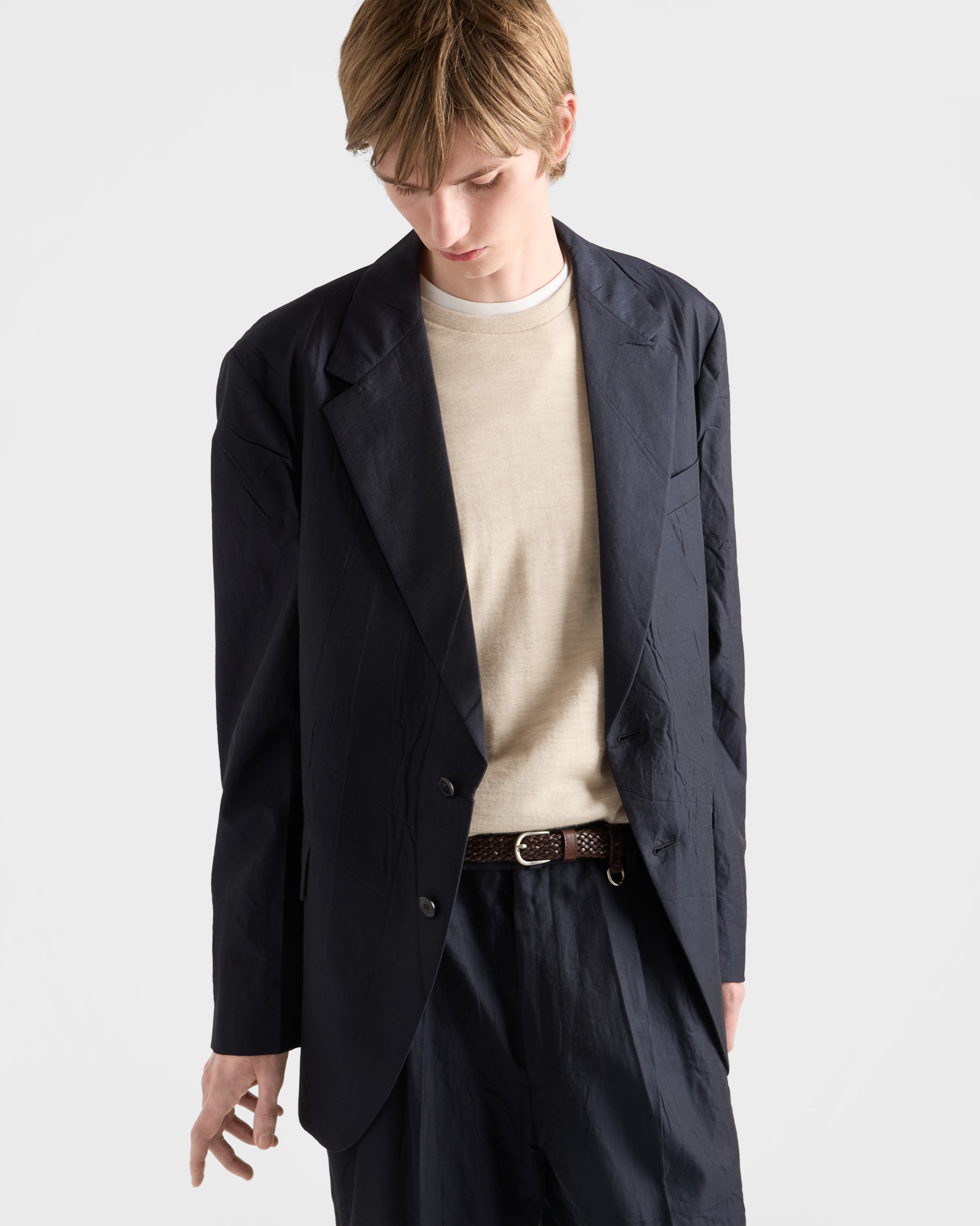 ネイビー シングルブレスト コットンXシルク ジャケット | PRADA