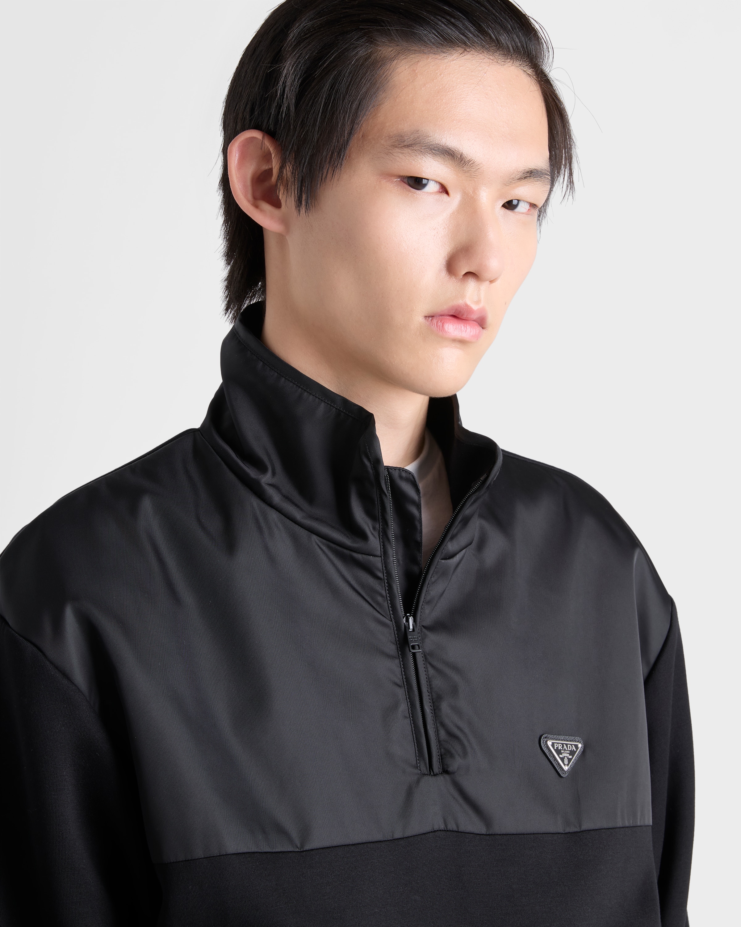 Black/black Cotton Fleece Zipper Jacket With Re-nylon Details | PRADA