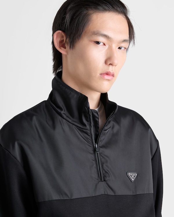 Cotton fleece zipper jacket with Re-Nylon details - Black/Black Cotton fleece zipper jacket with Re-Nylon details - Black/Black