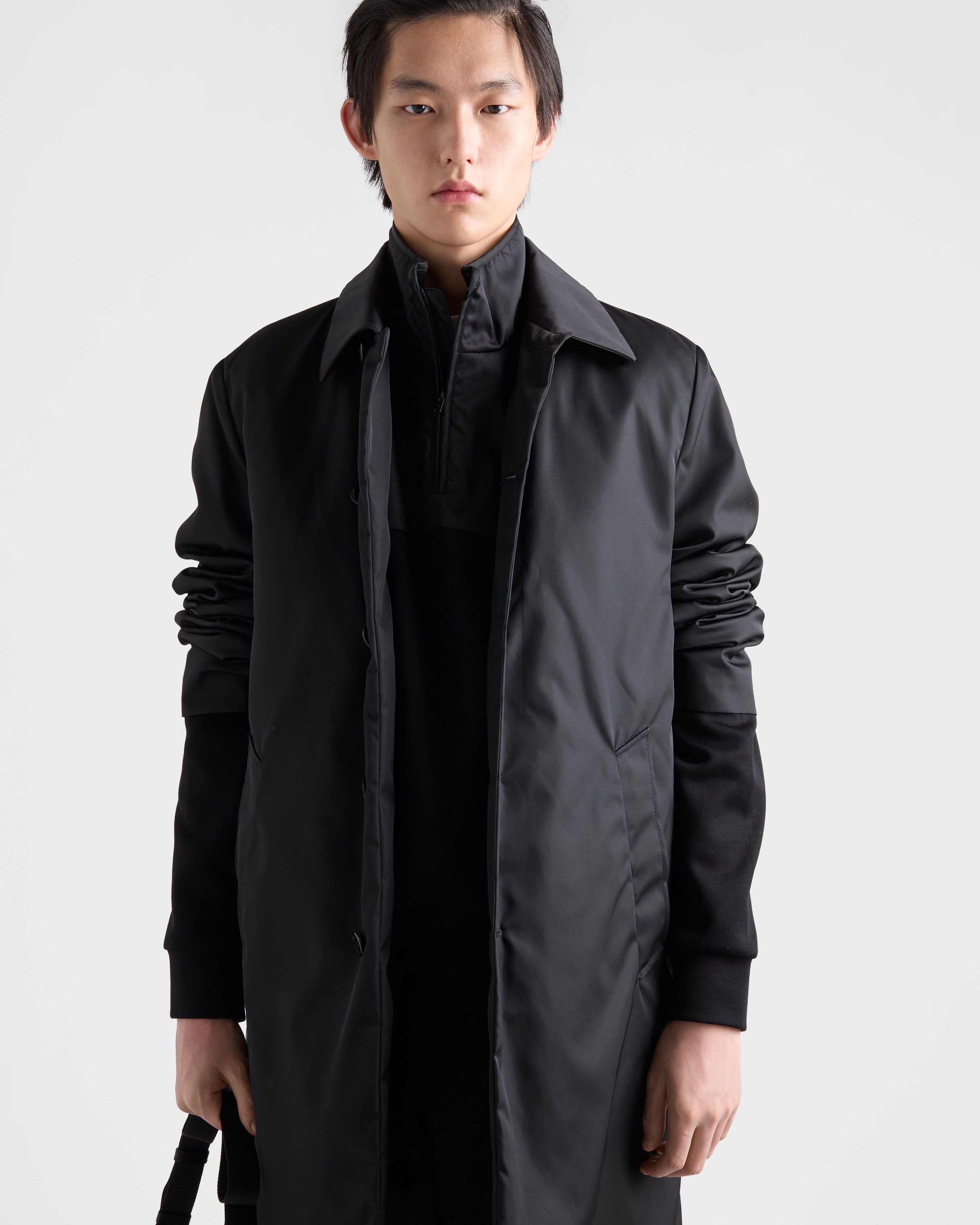 Black/black Cotton Fleece Zipper Jacket With Re-nylon Details