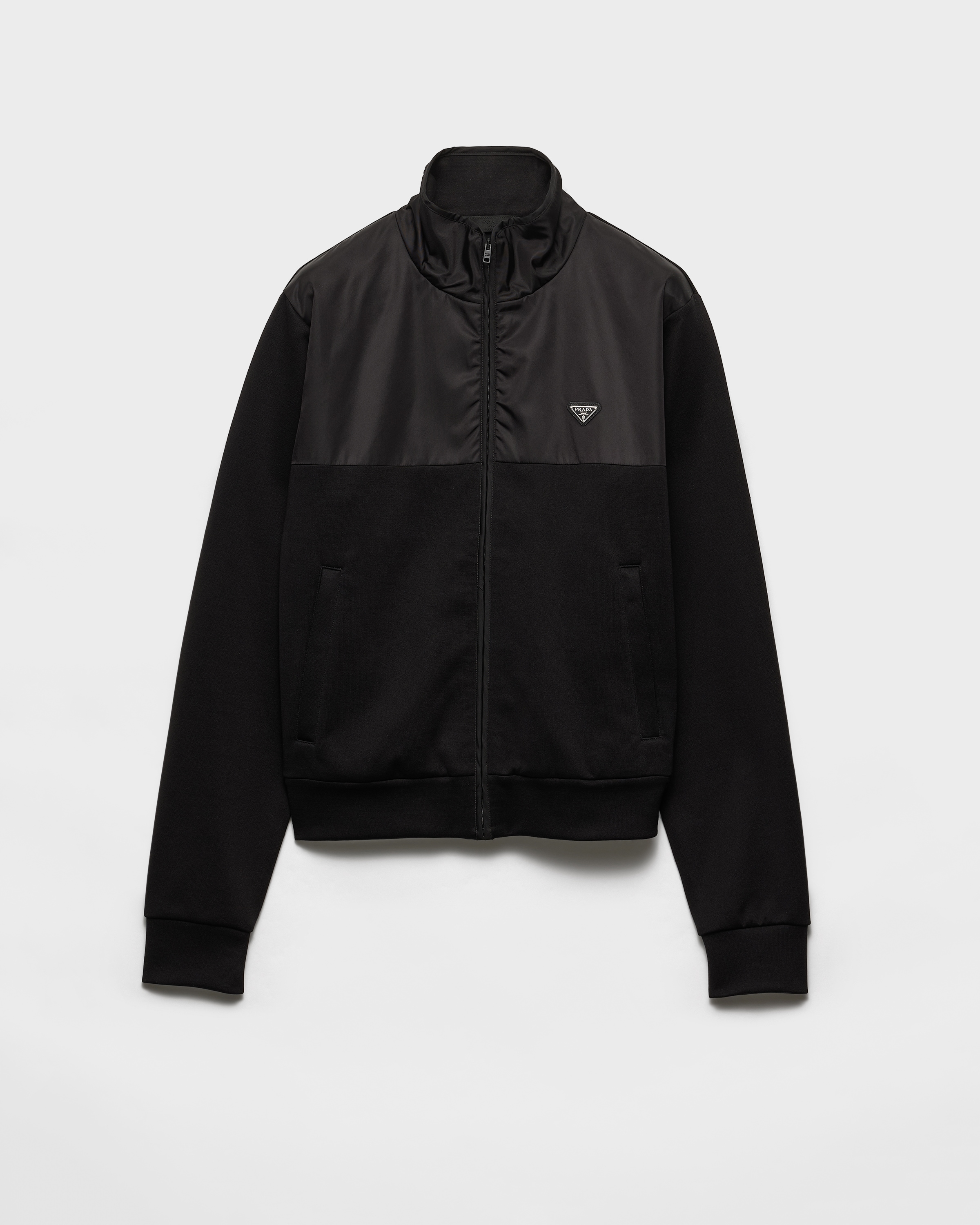 Black/black Cotton Fleece Zipper Jacket With Re-nylon Details | PRADA
