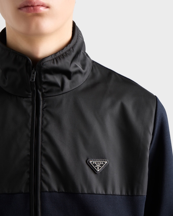 Cotton fleece zipper jacket with Re-Nylon details - Blue/Black Cotton fleece zipper jacket with Re-Nylon details - Blue/Black