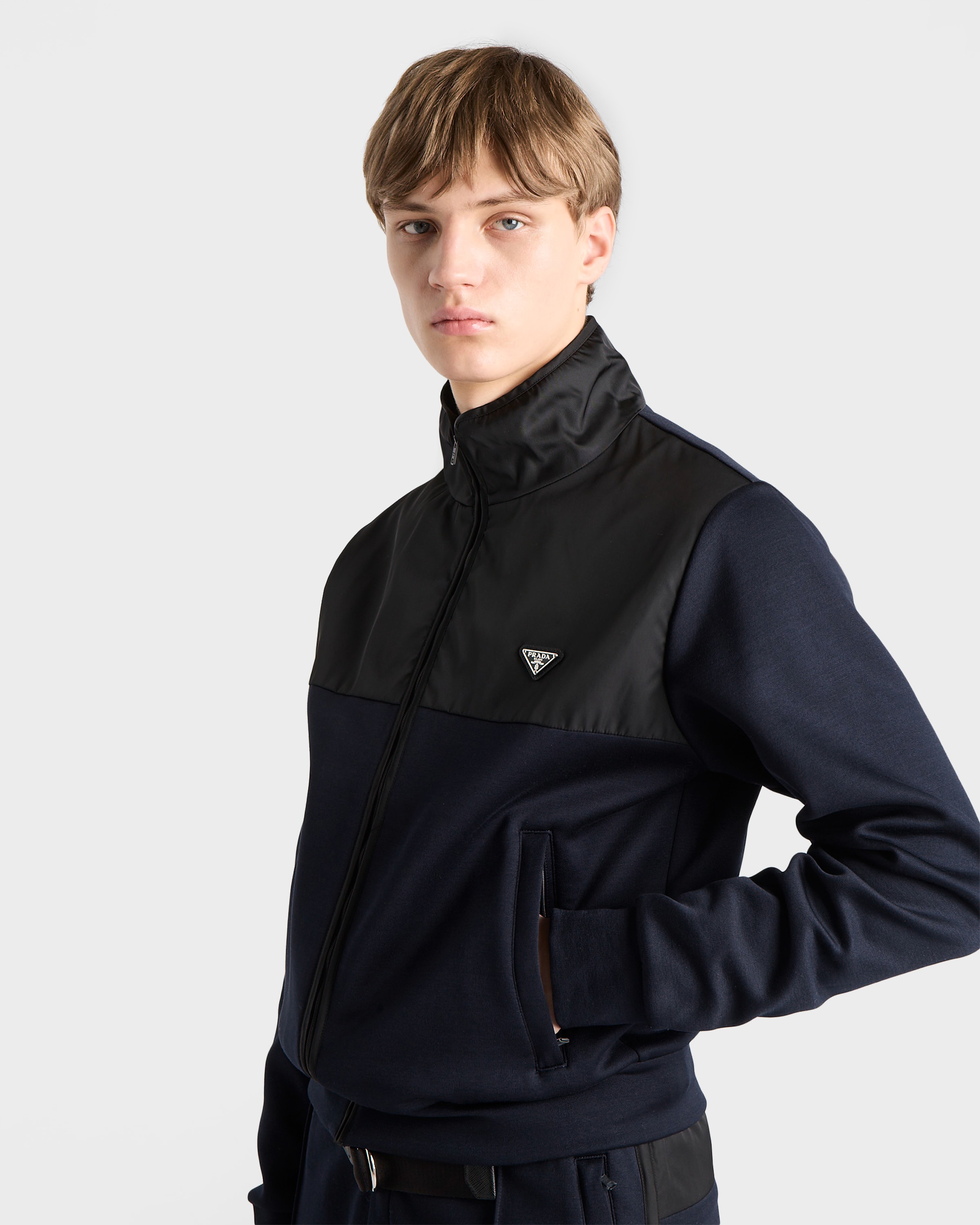 Blue/black Cotton Fleece Zipper Jacket With Re-nylon Details