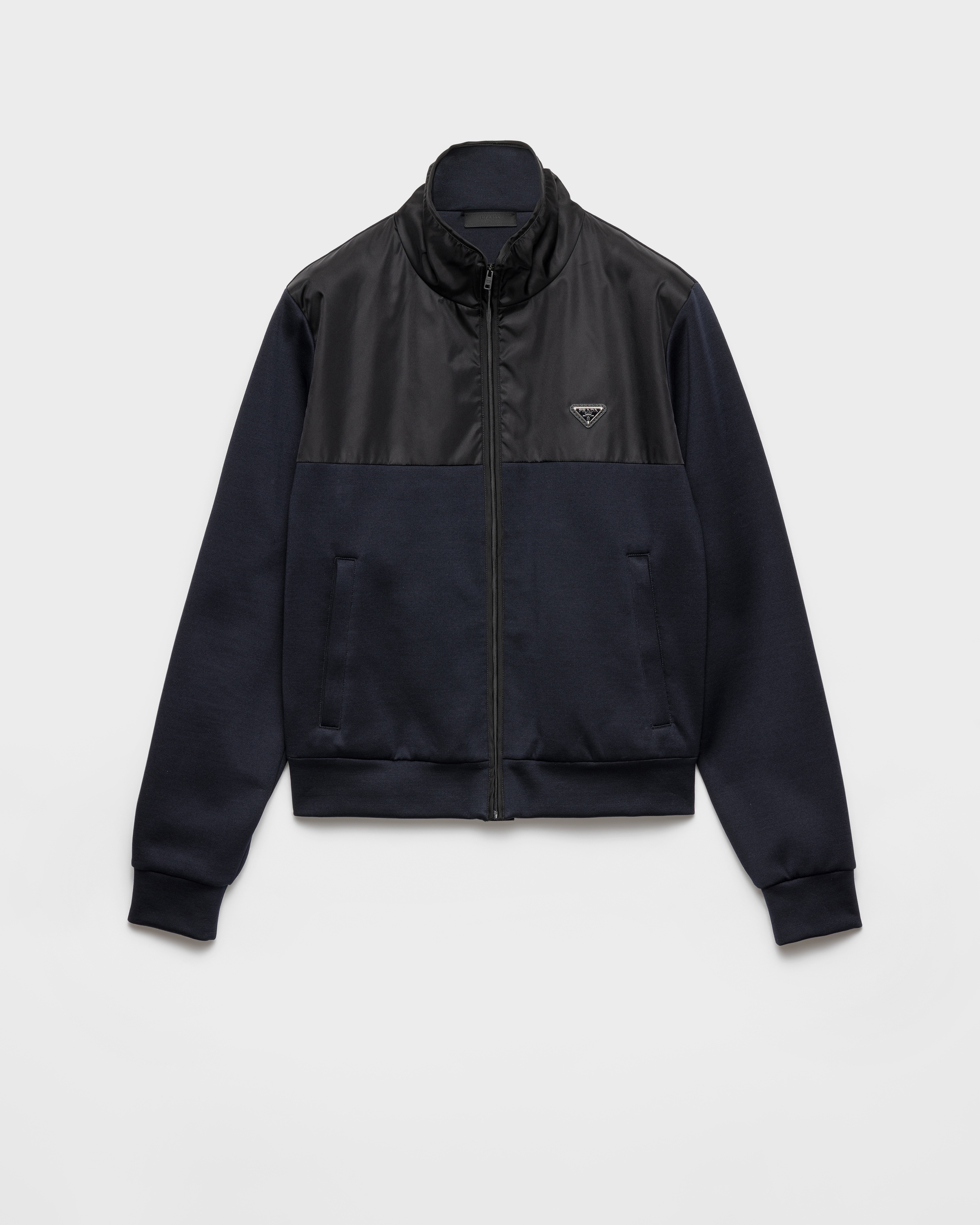 ジャケット・アウター PRADA SPORT zip jacket black Blue/black Cotton Fleece Zipper Jacket With Re-nylon Details