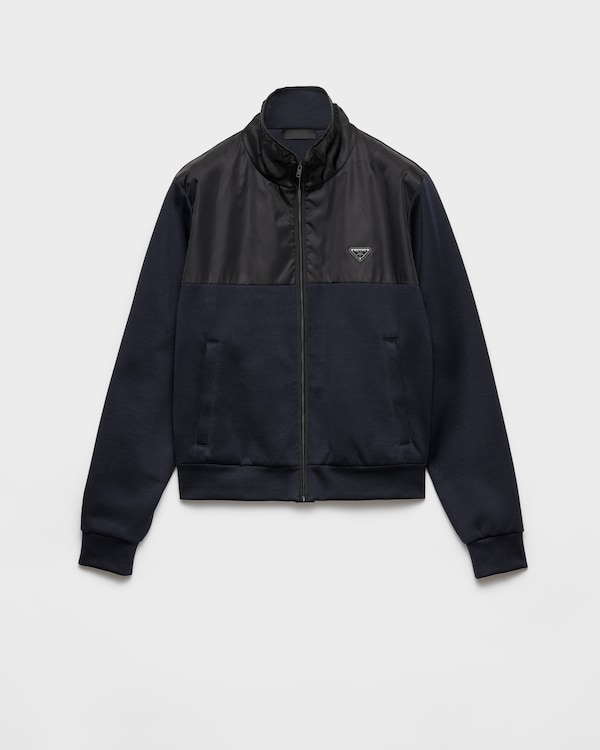 Cotton fleece zipper jacket with Re-Nylon details - Blue/Black Cotton fleece zipper jacket with Re-Nylon details - Blue/Black