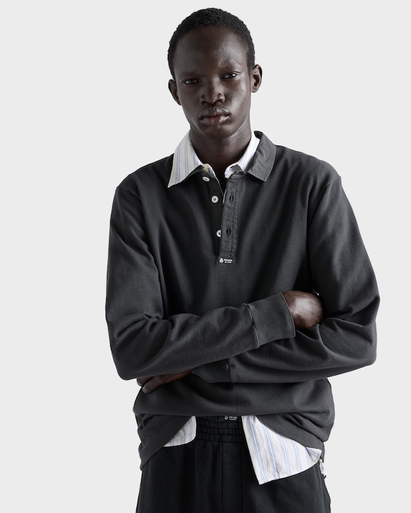 Long-sleeved cotton polo shirt - Carbone Long-sleeved cotton polo shirt - Carbone
