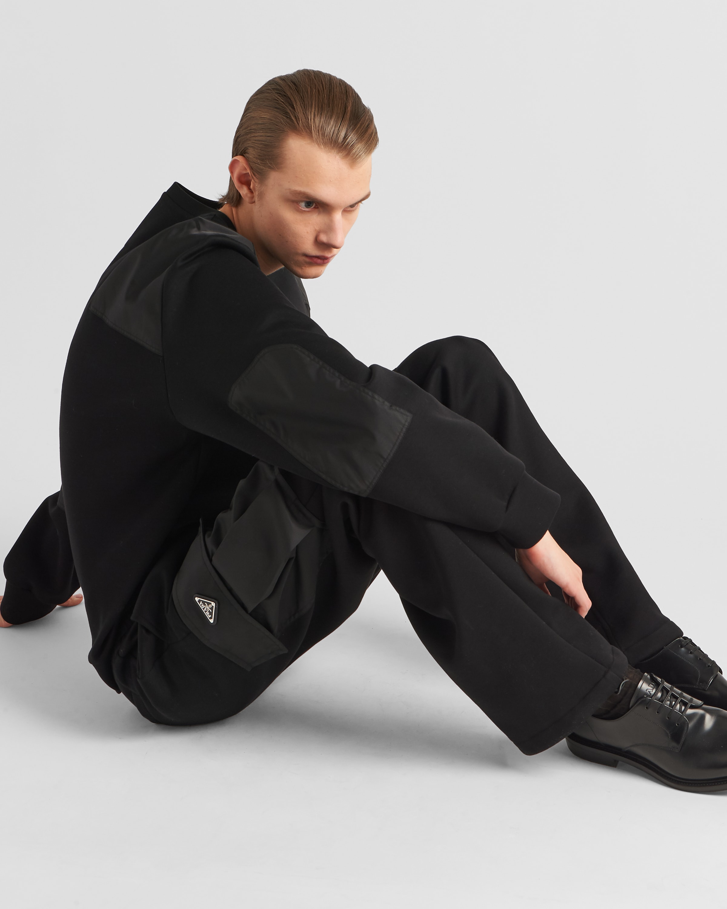 Black/Black Cotton sweatshirt with Re-Nylon details | PRADA