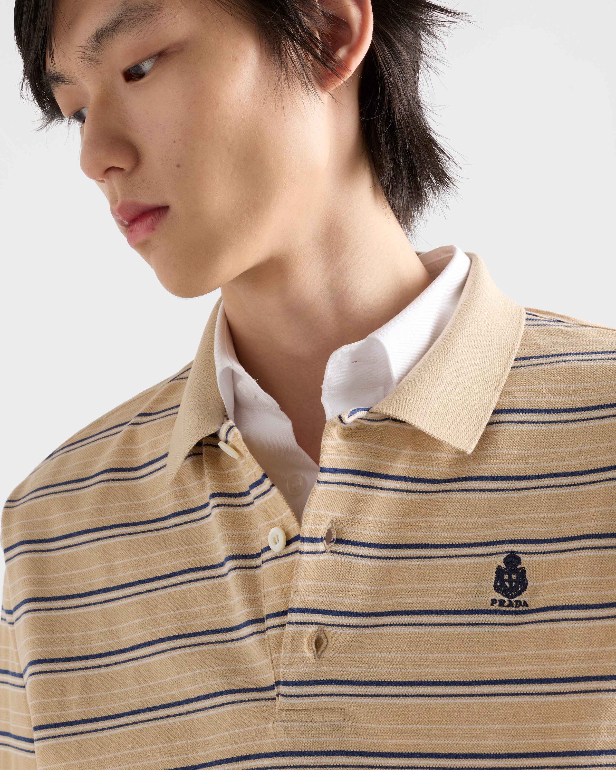 Desert/Royal Blue Striped cotton piqué polo shirt | PRADA - United