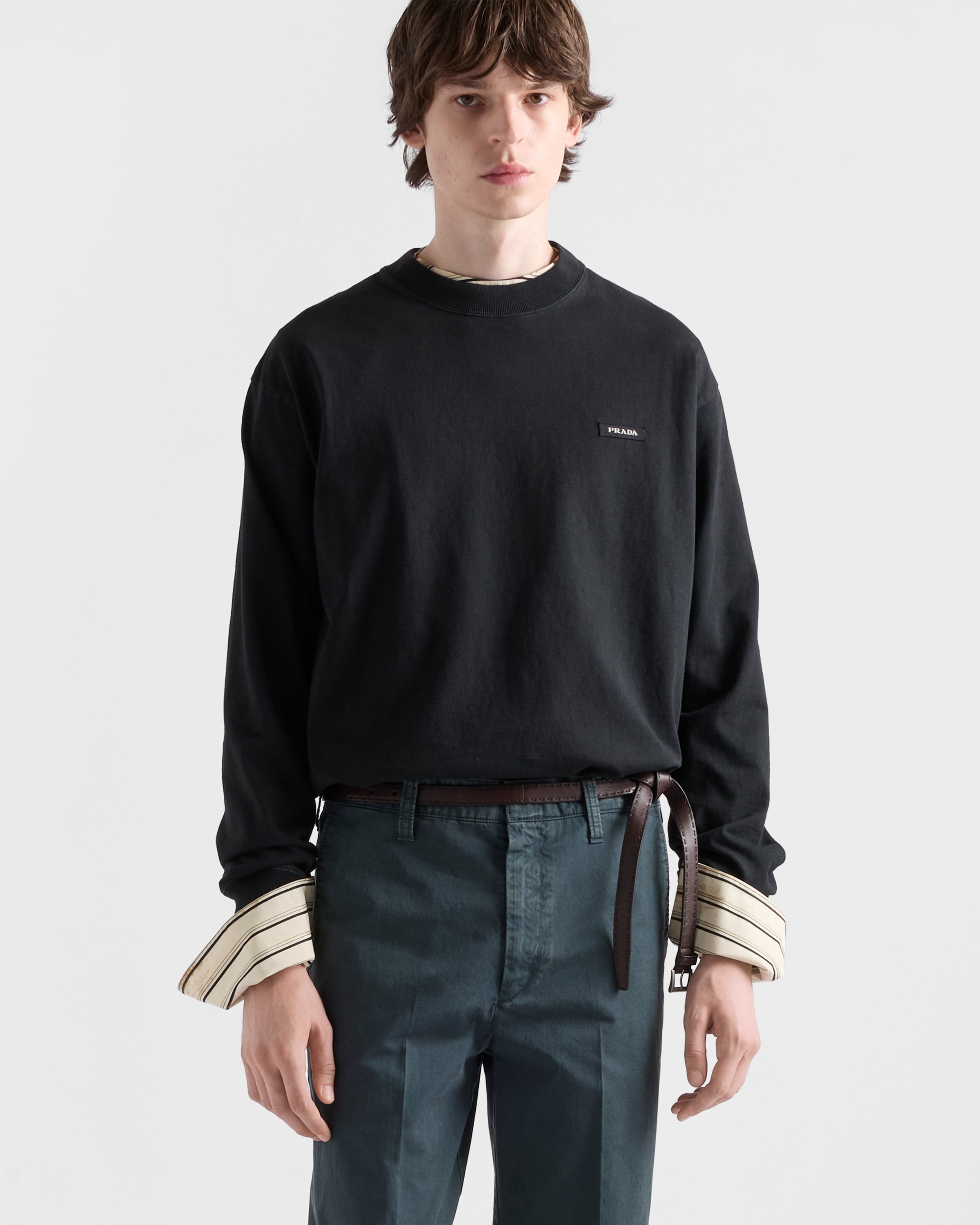 Black Long-sleeved Cotton T-shirt | PRADA - Taiwan