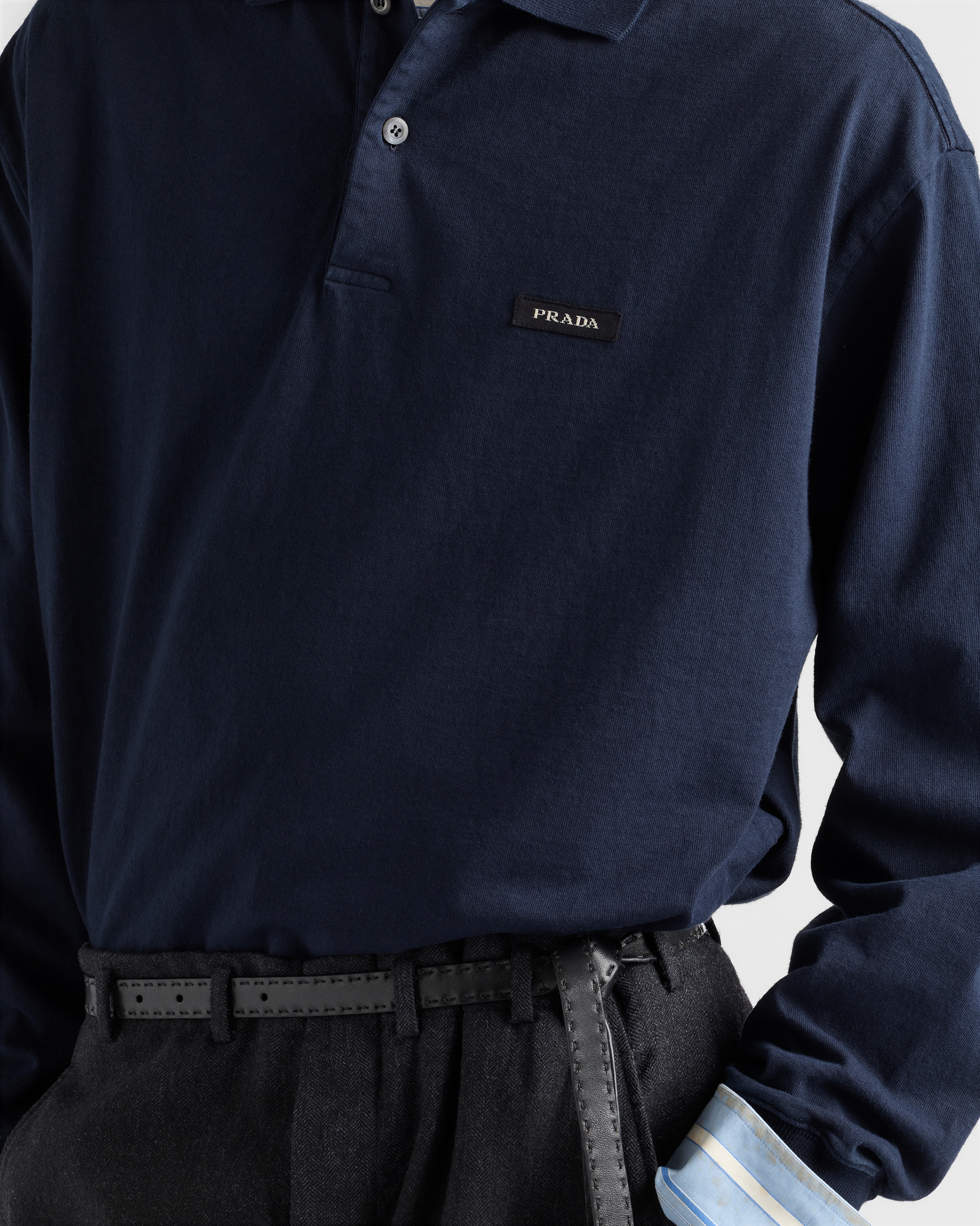 Navy Long-sleeved Cotton Polo Shirt | PRADA