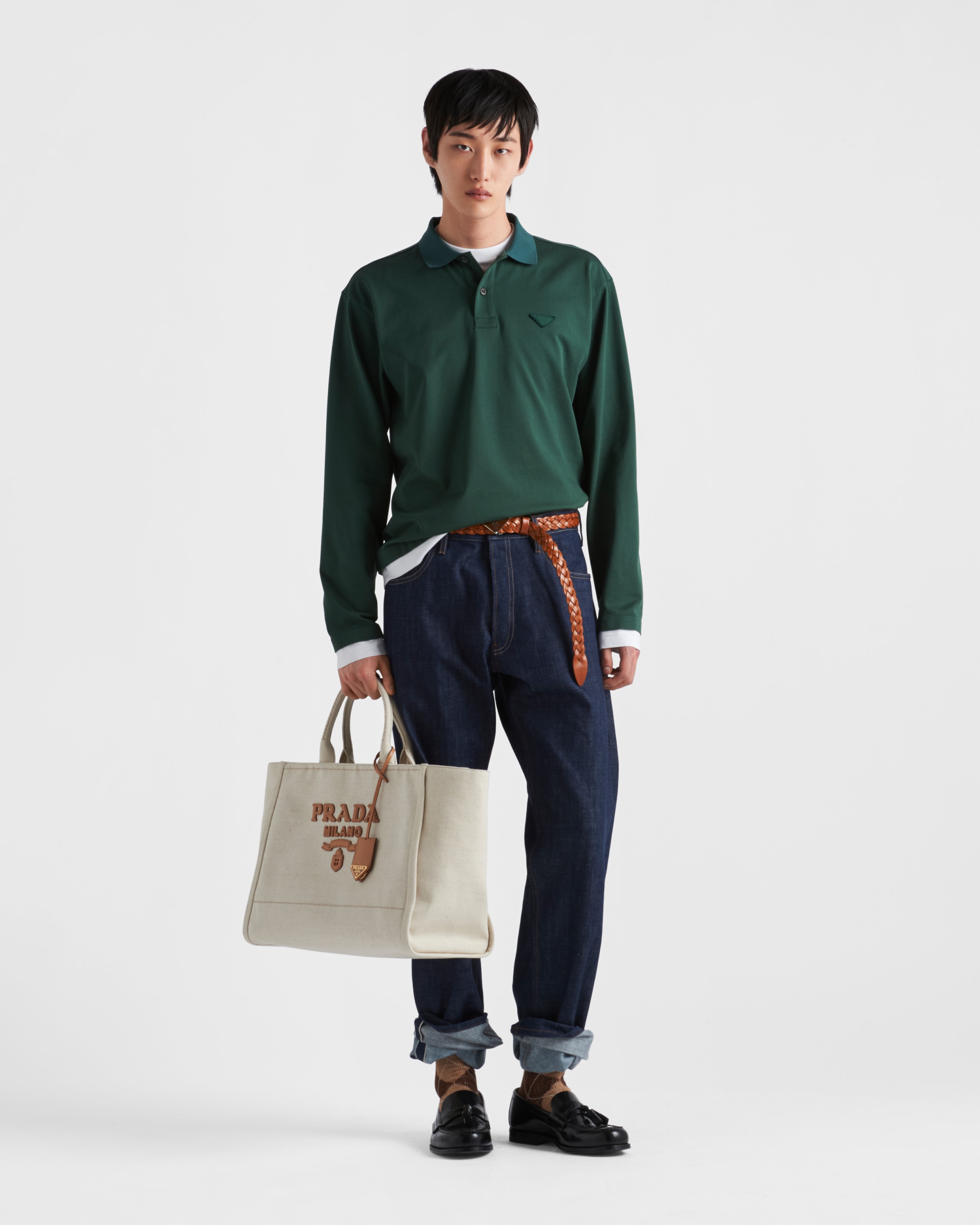 ダークグリーン 長袖 コットン ポロシャツ | PRADA