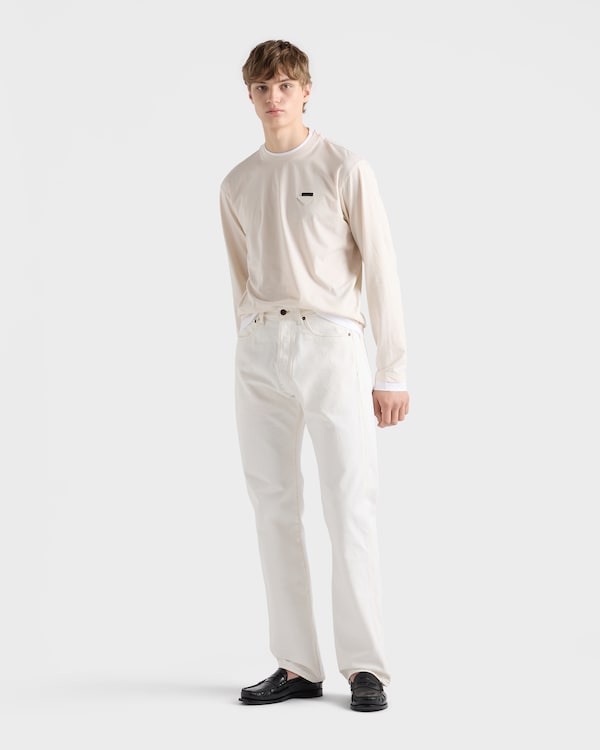 长袖棉质T恤 - 滑石色/白色 长袖棉质T恤 - 滑石色/白色