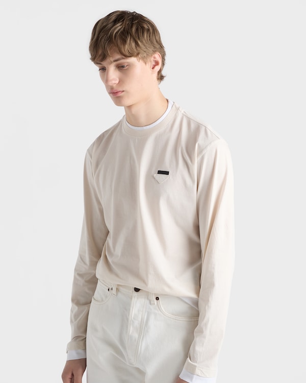 长袖棉质T恤 - 滑石色/白色 长袖棉质T恤 - 滑石色/白色