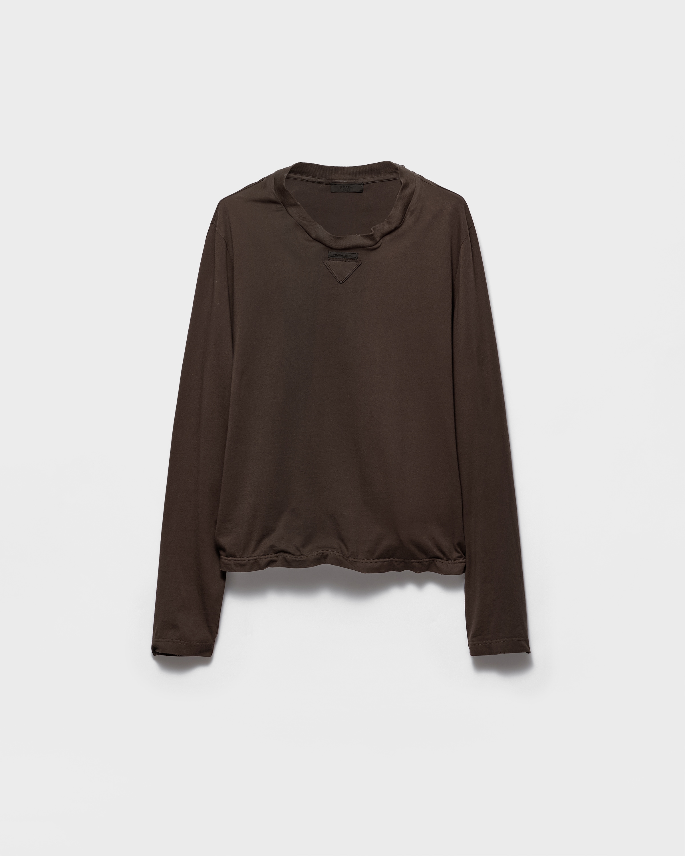 ココアブラウン 形状可能な長袖コットン Tシャツ | PRADA
