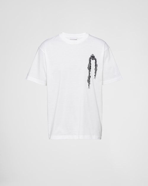 White Embroidered cotton T-shirt | Prada
