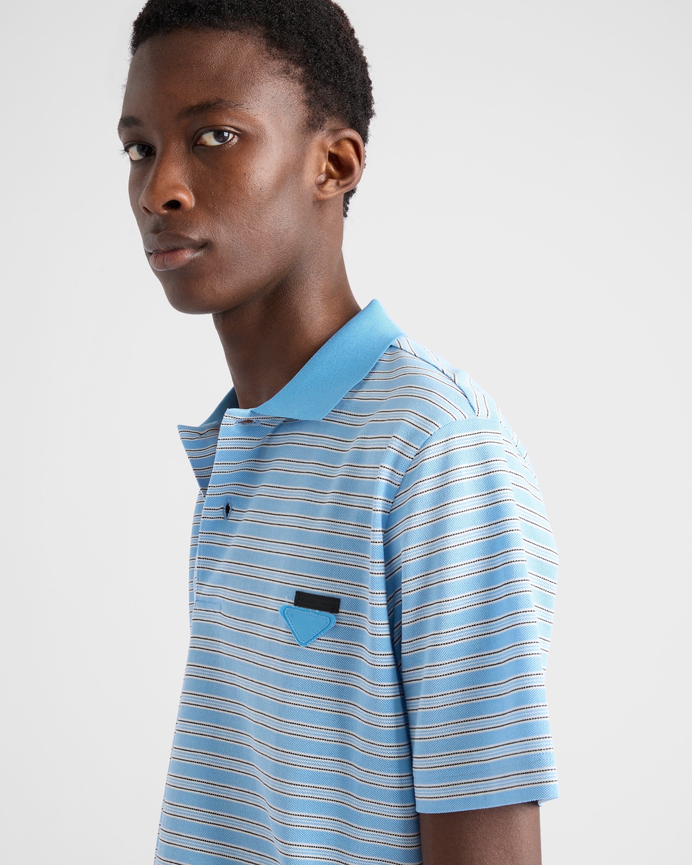 Light Blue/Black Striped cotton polo shirt | PRADA