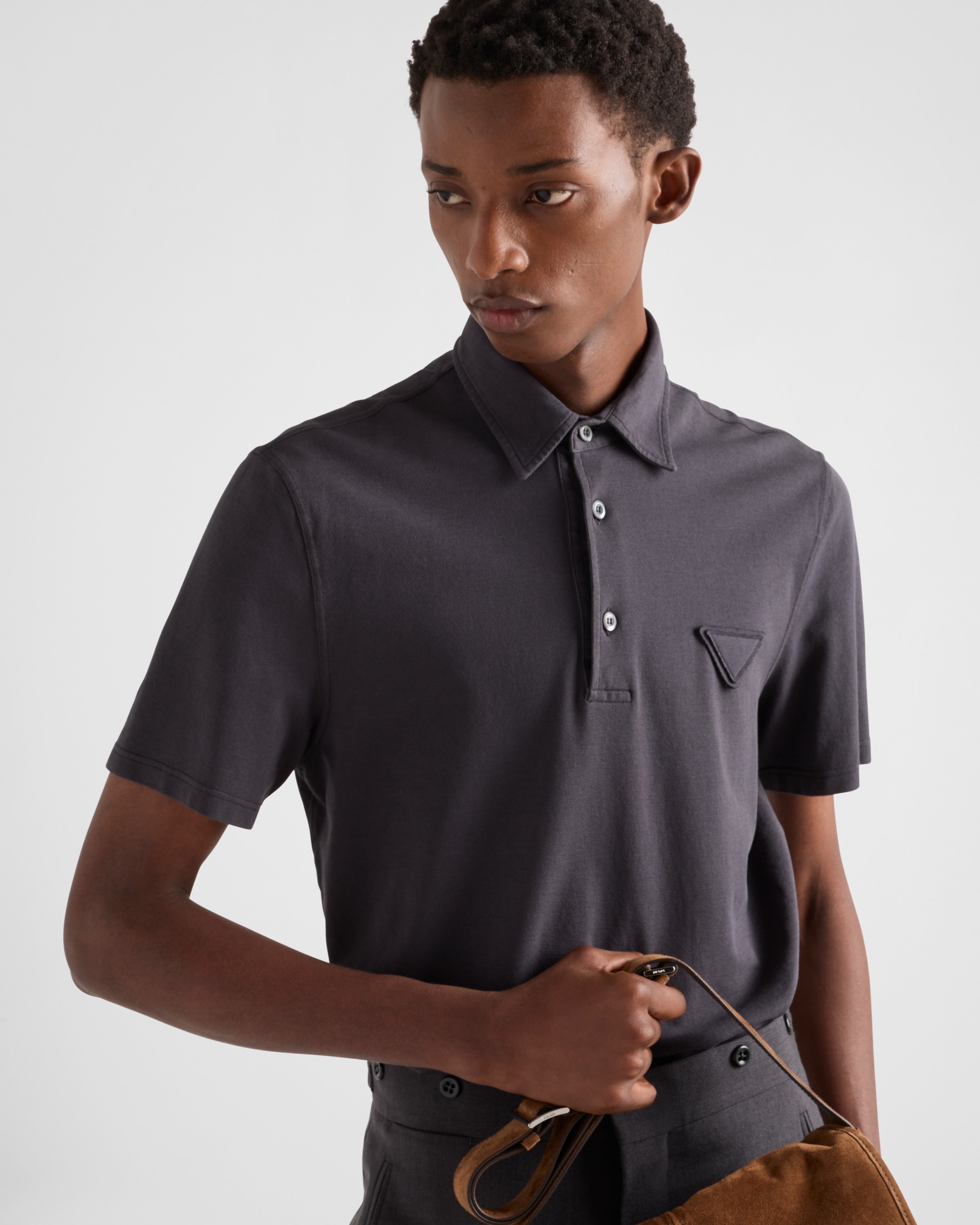 Asphalt Gray Short-sleeved piqué polo shirt | PRADA